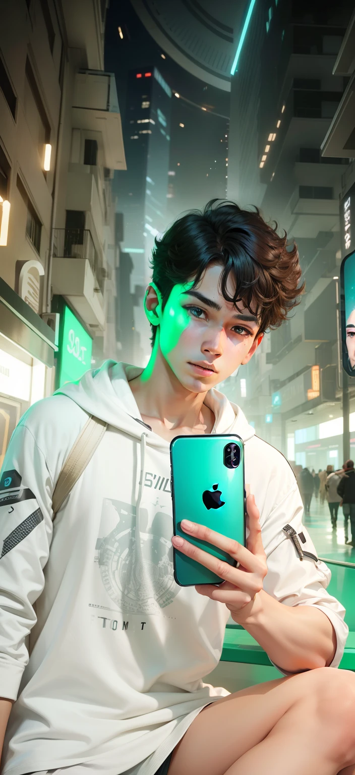 Boy With I Phone futuristic background realistic face 8K ultra high quality Hd