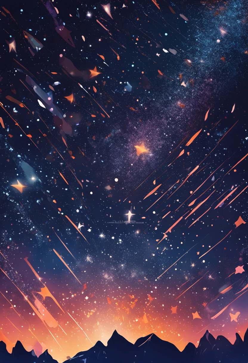Peaks under the stars，The mystery of the night，Deep blue twinkling starry sky，Artistic expression of abstraction in watercolor style，Bird's eye view symmetrical composition，Add a glow effect to blur the background，The breath of beauty and dreams