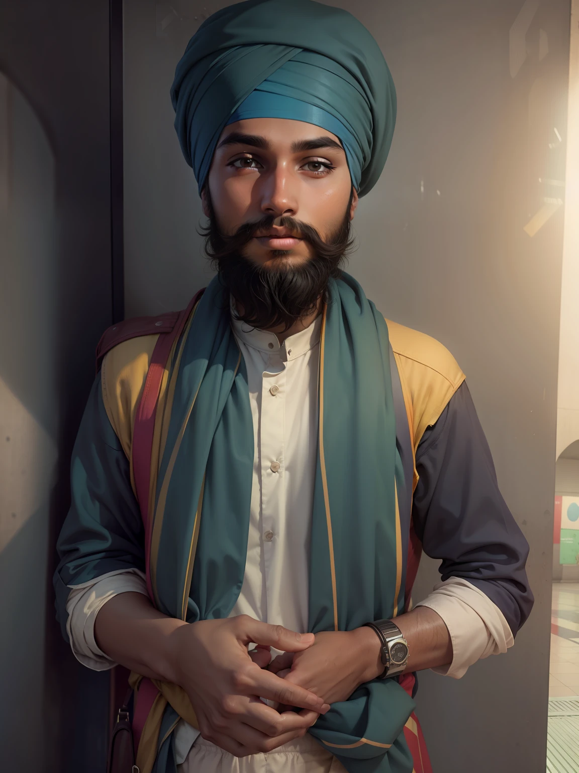 Change background with kurta pajama and islamic pagdi and face side in front