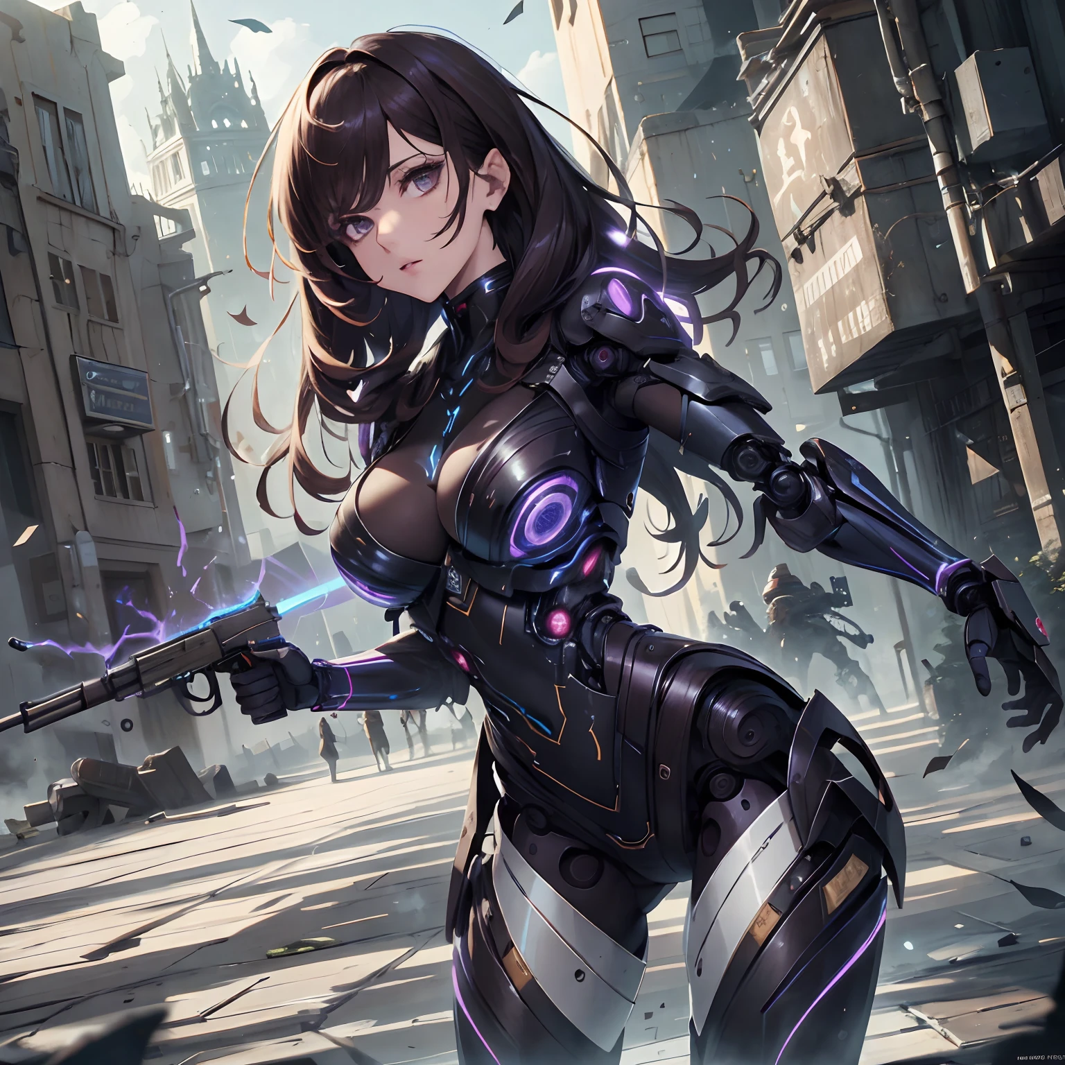 (absurderes, A high resolution, Ultra detailed), Masterpiece, Best quality, Real light and shadow, Solo, full bodyesbian,A female robot with dark brown hair,Wear a sexy suit,Battle form,Take the AK47