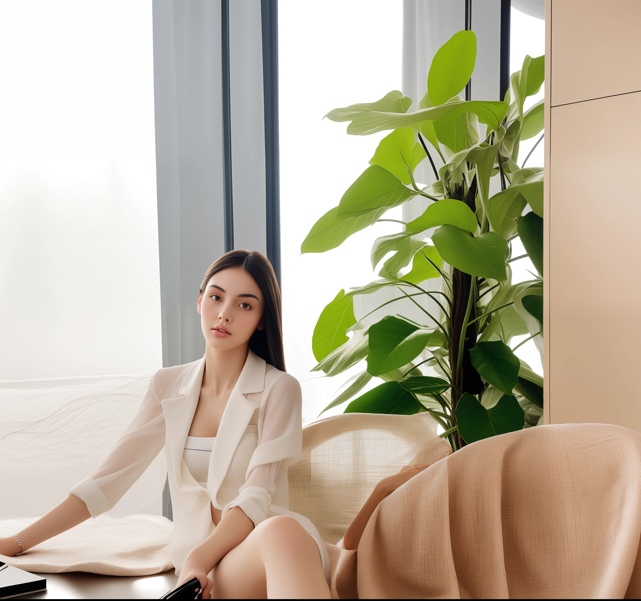 Full body, precise proportions, Chinese model, 18 years old Chinese girl, slim model lying on the side of bed, single, petite, hair fluttering in the wind, tulle, long legs, slightly open feet, buttocks, blush, shyness, collarbone, abs, double weave, chinese woman, beautiful and delicate face, fair skin, real skin, (detail face), goose egg face, pores, super high resolution, 8k, parameters Best quality, masterpiece, super high resolution, (Realistic 2.0), More details, detailed skin, white panties, brunette straight hair, beautiful eyes, asian girl, slim, fashion, cosplay girl, girlfriend, beautiful, beautiful, flowers, studio lighting