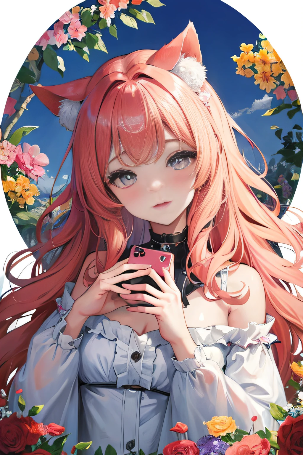 Large wavy curls, flowers in head, Cat ears, Bright pupils, Blush, (Monet:1), anaglyph, Fuji colors, outside border, Dutch angle, hyper HD, Masterpiece, ccurate, Textured skin, 4K, Best quality, A high resolution, High quality, hyper HD, Masterpiece, Textured skin, A high resolution, Best quality, High quality, 4K，