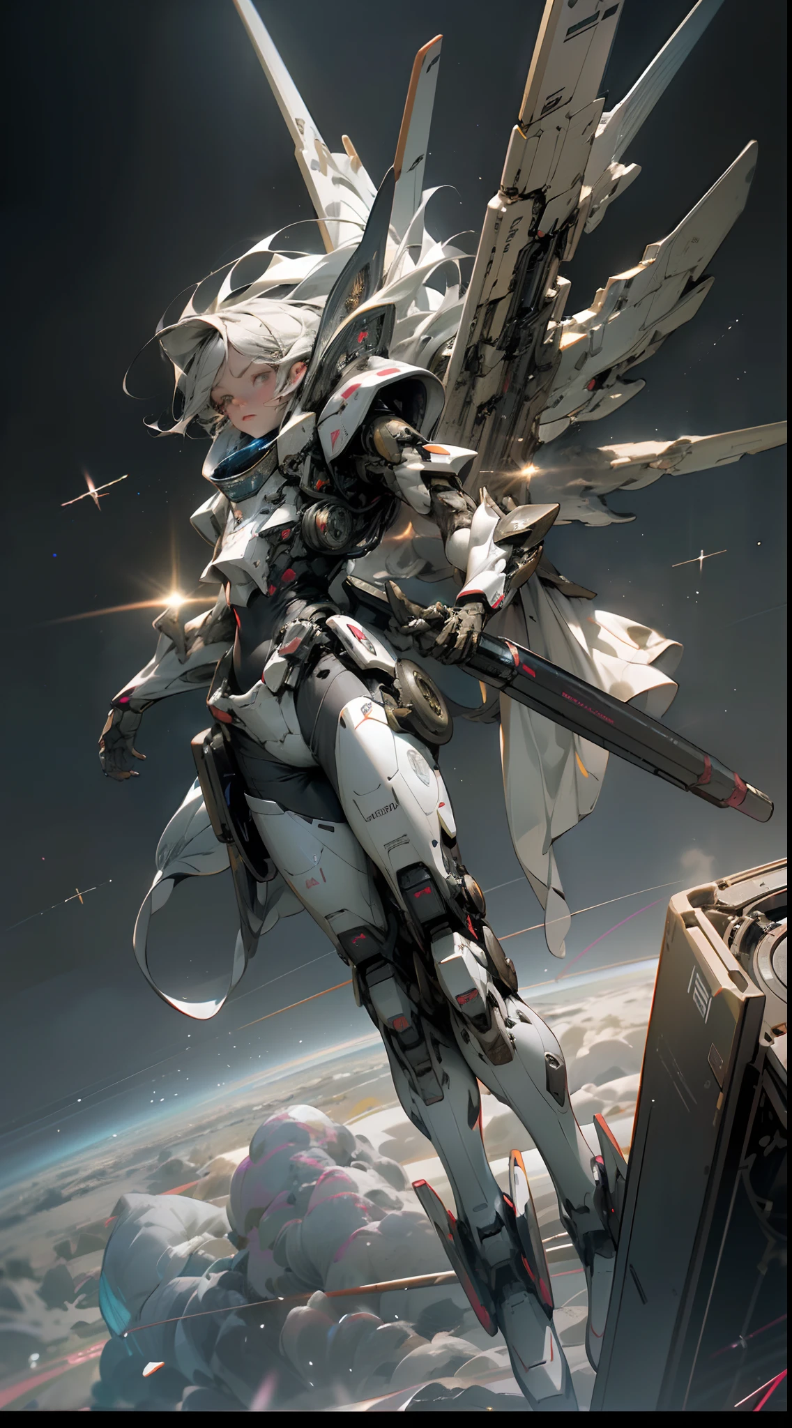 ((Best quality)), ((masterpiece)), (highly detailed:1.3), 3D, beautiful, (cyberpunk:1.2), in space, nebula, holding_weapon, (1Female mecha:1.3), facing the viewer, glowing eyes, full body, (flying, swooping down, dynamic, motion blur: 1.4), (huge mecha wings: 1.6), looking up, glowing_eyes, mecha, panorama, background is earth, nebula, space, particles, reality, HDR (High Dynamic Range), Ray Tracing, NVIDIA RTX, Super Resolution, Unreal 5, Subsurface Scattering, PBR Texturing, Post Processing, Anisotropic Filtering, Depth of Field, Maximum Clarity and Clarity, Multilayer Textures, Albedo and Specular map, Surface shading, accurate simulation of light-material interaction, perfect proportion, Octane Render, two-tone lighting, large aperture, low ISO, white balance, rule of thirds, 8K RAW, efficient sub-pixel, sub-pixel convolution,