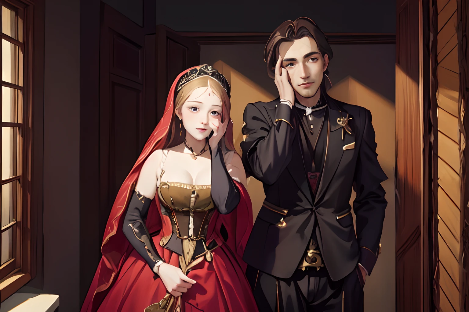 High resolution, beautiful face, 16th century, renaissance, there is a man and woman dressed in medieval clothing standing next to each other, artwork in the style of guweiz, baroque digital painting, renaissance digital painting, inspired by Francesco Hayez, in a renaissance style, both wearing victorian clothes, in the art style of bowater, realistic renaissance portrait, in a high renaissance style, fan art