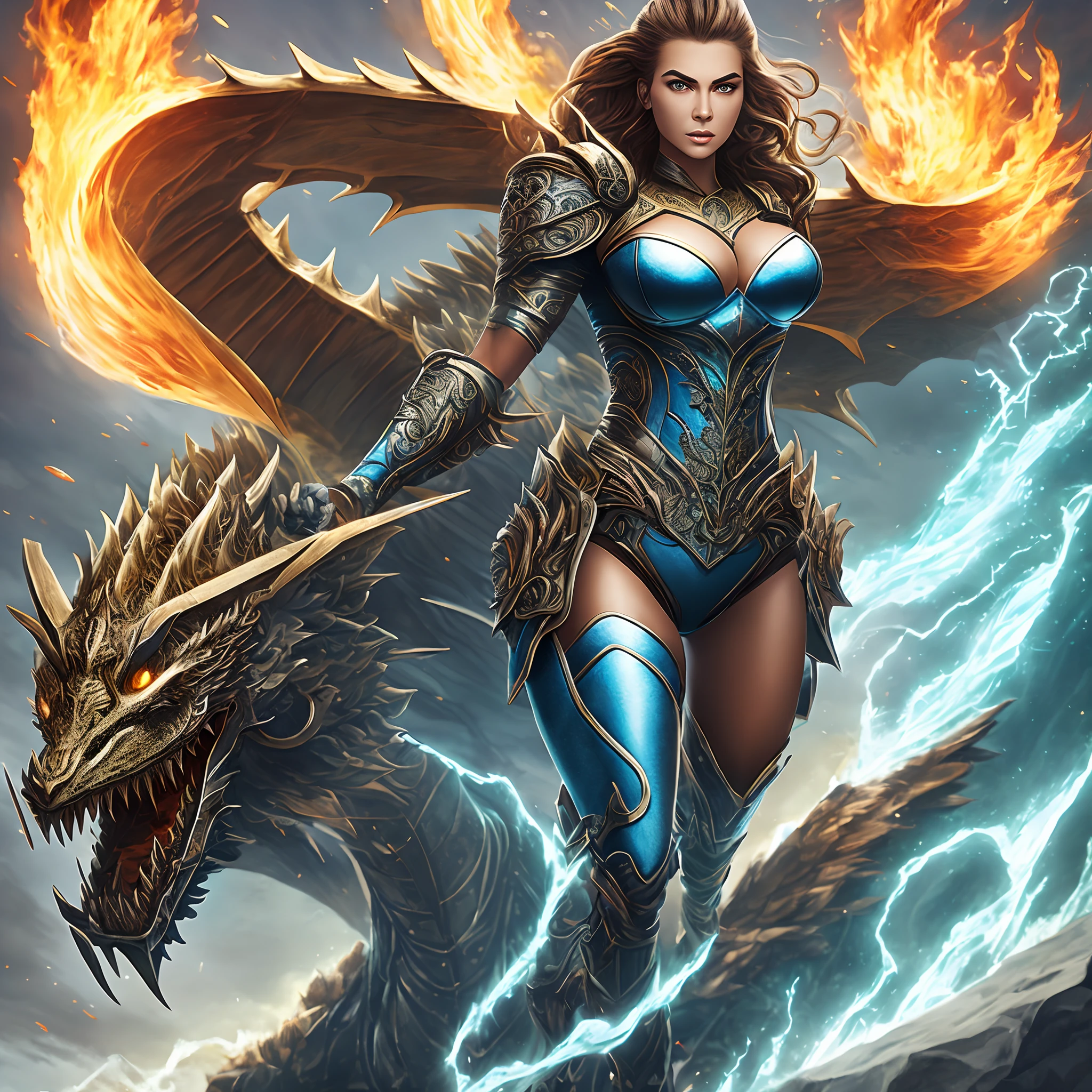 Kohler Kardashian, Wearing a super girl costume, A heroine, Full-body adolescent female Greek gods wear intricate armor,Control a fierce fire dragon, holding arrow, Glowing skin, Detailed cuirass, Wild flowing hair, bigbreasts, Art germ, Ultra-detailed intricate artistic trends in ArtStation ternary colors, intricately details, 4K 分辨率