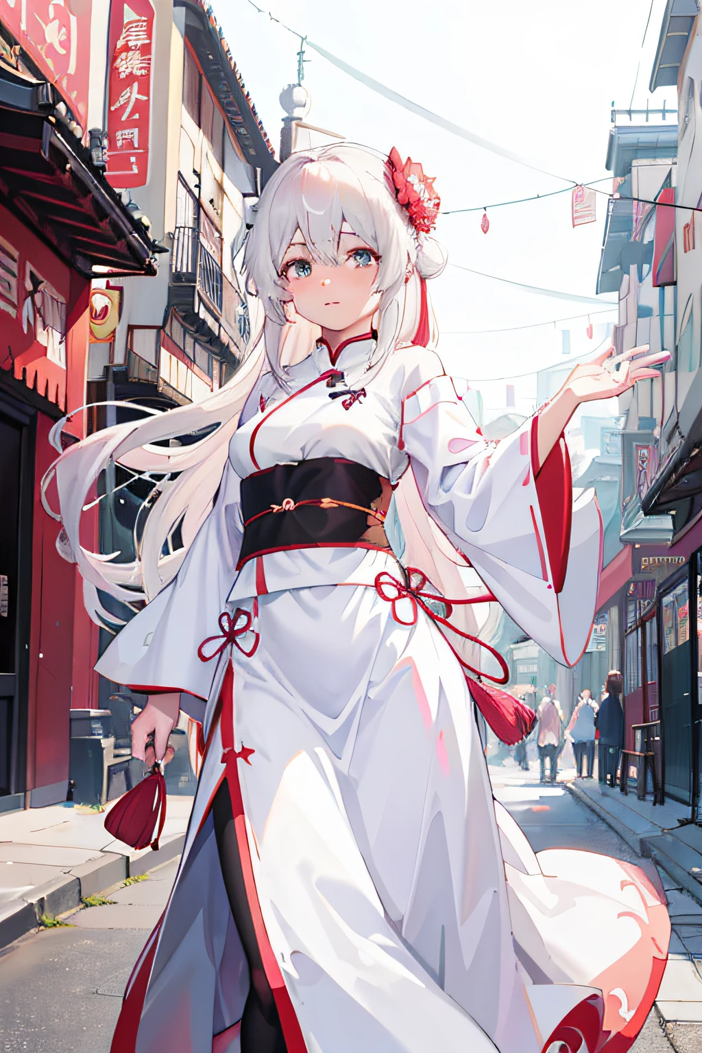 Anime - Style woman in white and red dress walking down the street, white-haired god, Guweiz in Pixiv ArtStation, Guviz, Guweiz on ArtStation Pixiv, Best anime 4k konachan wallpaper, style of anime4 K, Palace , A girl in Hanfu, flowing white robe, Guviz-style artwork
