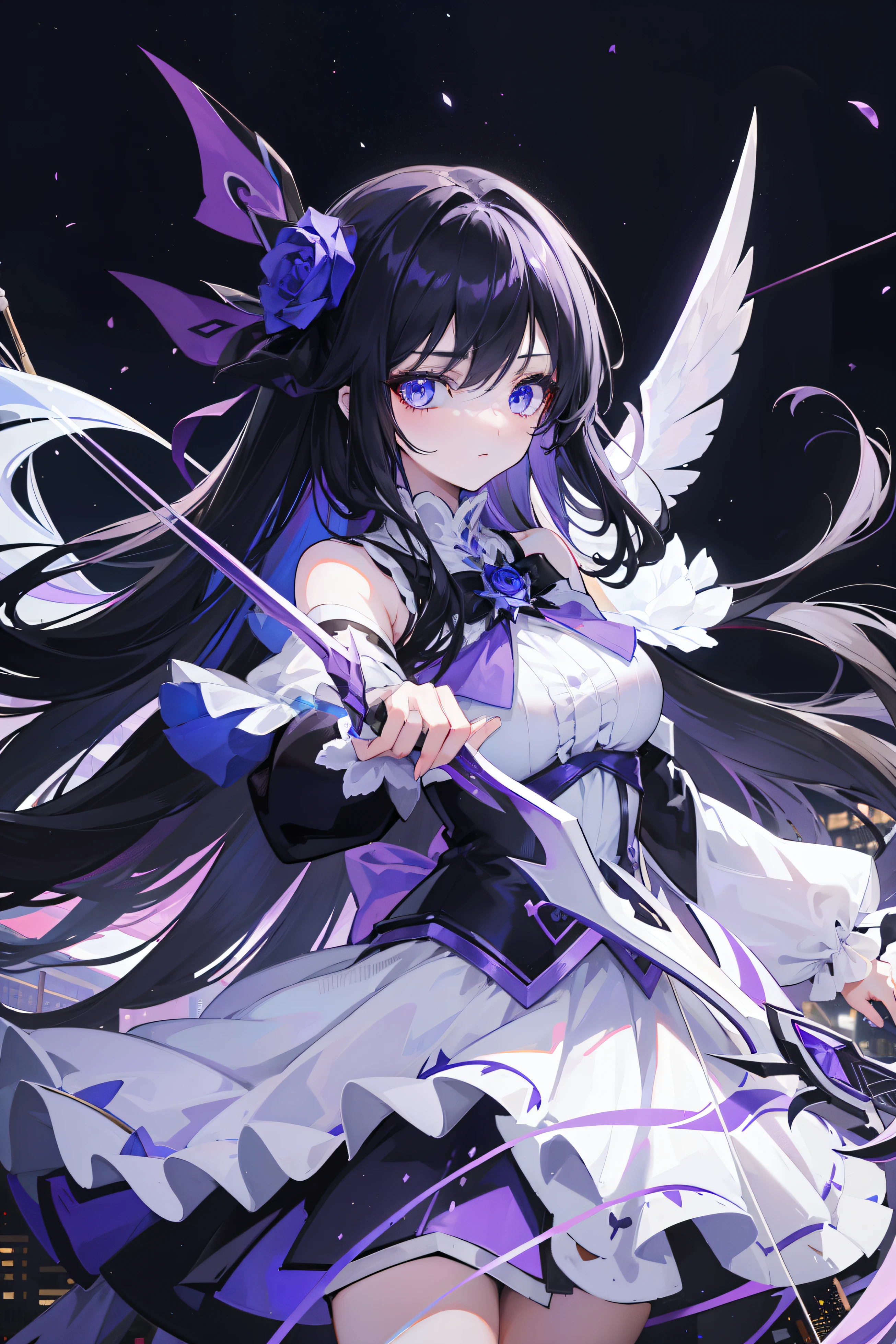 1girl, long black hair, blue eyes, wearing white and purple magical girl outfit, black rose in hair, holding black archers bow (weapon), city, night, night lights, absurdres, high res, ultrasharp, 8K, masterpiece, looking at viewer