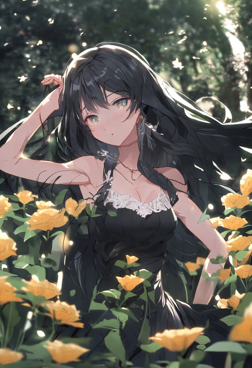 long black hair, Green eyes, Black Dress, Graveyard, Full body Beautiful anime style girl, clean detailed faces, Goth clothing, glowing shadows, beautiful gradient, depth of field, clean image, high quality, high details, high definition, Luminous Studio graphics engine, beautiful