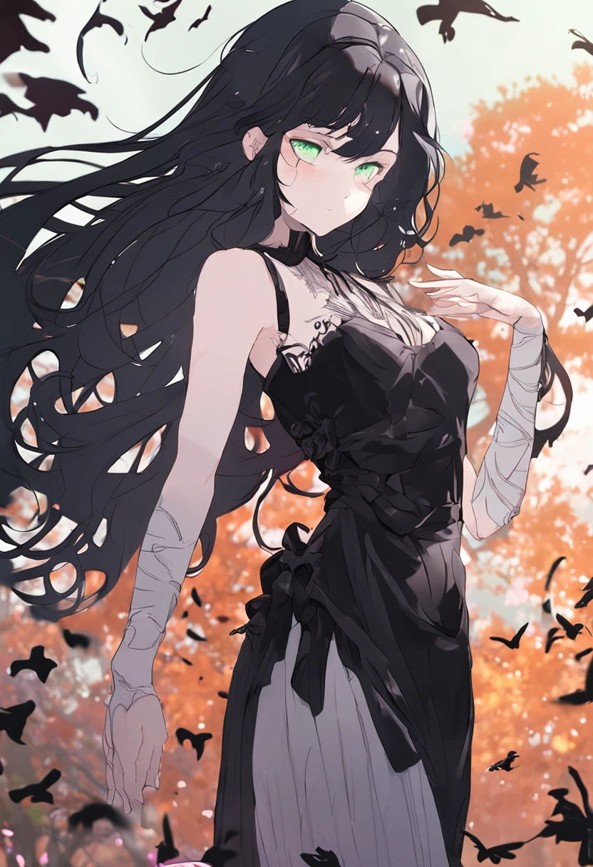 long black hair, Green eyes, Black Dress, Graveyard, Full body Beautiful anime style girl, clean detailed faces, Goth clothing, glowing shadows, beautiful gradient, depth of field, clean image, high quality, high details, high definition, Luminous Studio graphics engine, beautiful