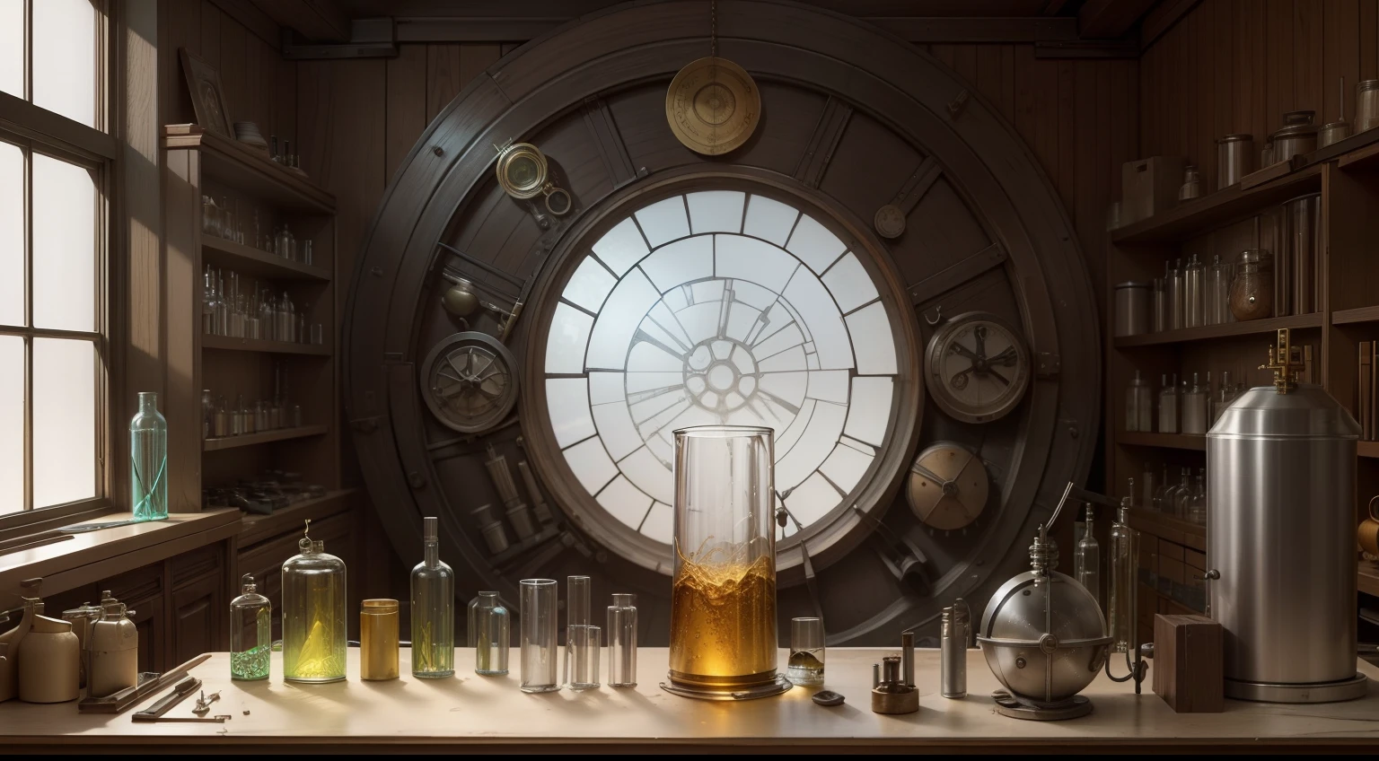 Alchemy Observatory，Ancient alien technology，Background of various complex winding glass test tube beaker mystery instruments，The old shell is broken，（makina，Precision instruments）