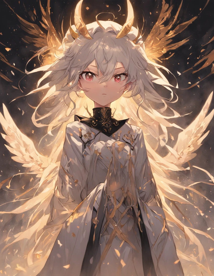 white color hair，The hair dragged to the ground，The hair ends are dotted black，Intricate and delicate clothes，gold eyes，light make-up，Behind him are half-black, half-white wings，Fine facial features portrayal，Don't be too handsy，Master masterpieces，black heels，There are black leg loops on the calves，Full body like，stood in the water