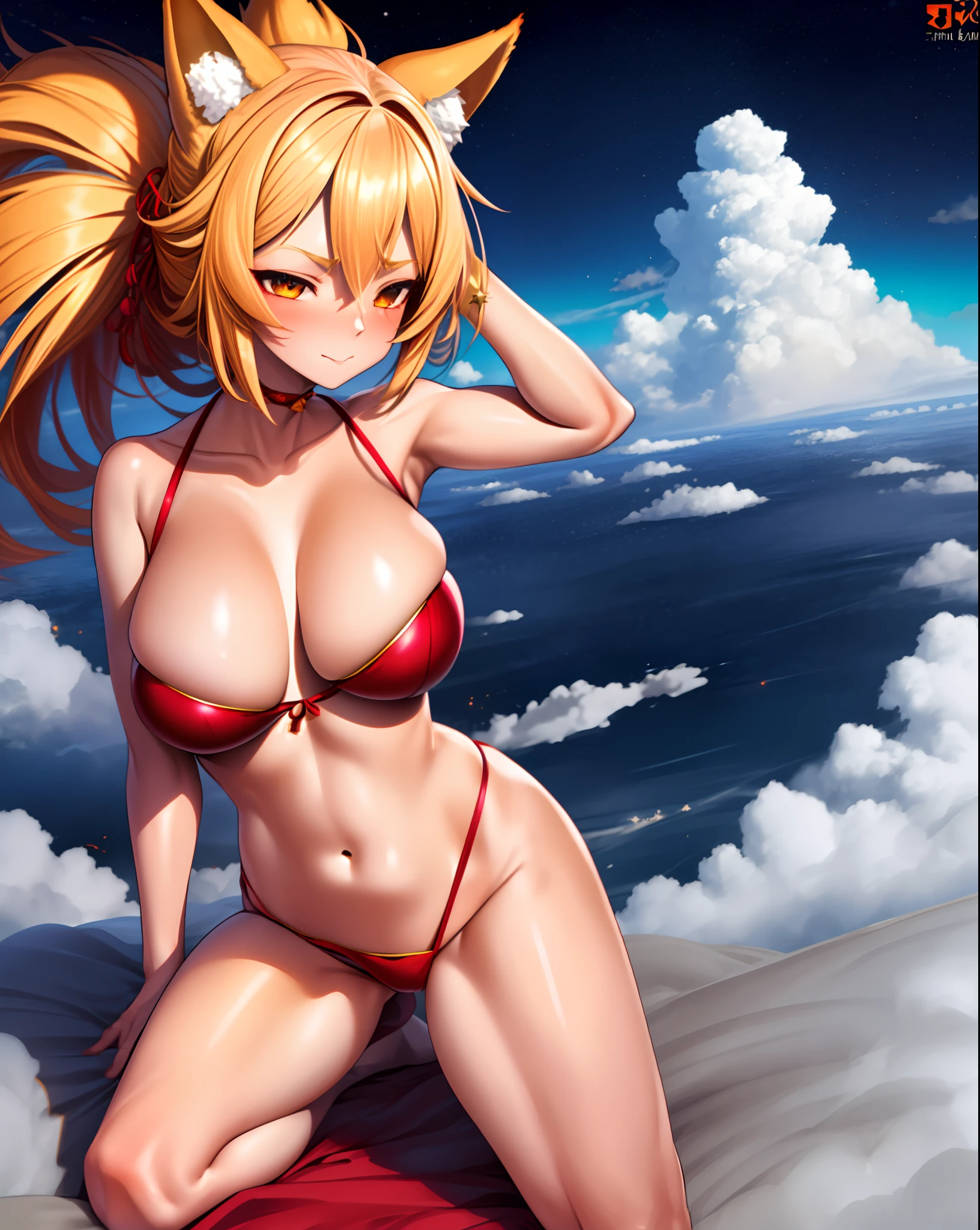 1girll,whaite hair,fox ear,big cleavage breasts,fox tails:1.2,Japanese blood clots,Golden eyes,pantyless,Leakage of female genital organs,pointing at viewers:1.4,fire works,mostly cloudy sky,cumulonimbus clouds,star night,