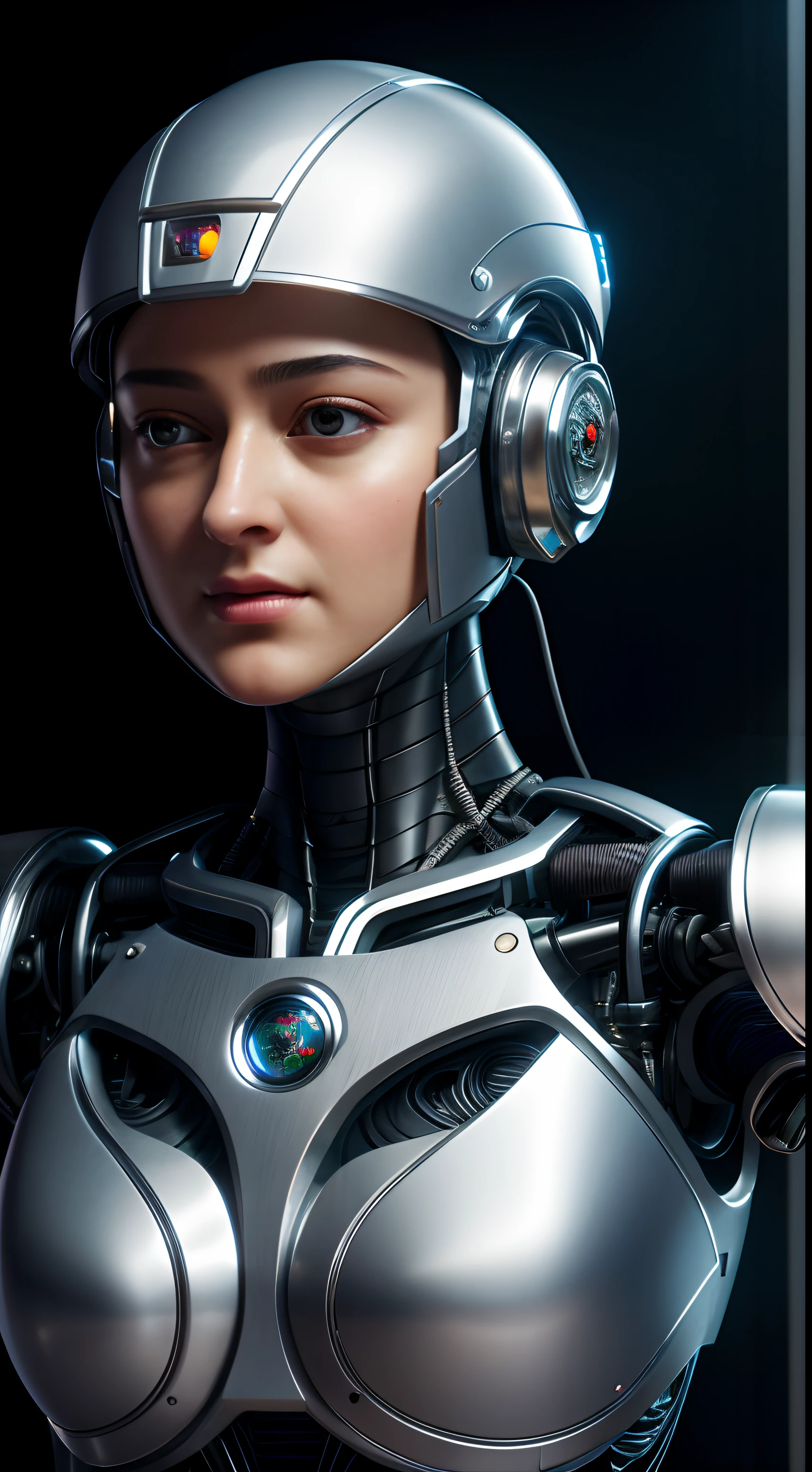 Looks like Maisie Anushka Shetty, Intricate 3d rendering of highly detailed beautiful ceramic silhouette female robot face, robot, robot part, 150 mm, beautiful studio soft light, rim light, vibrant details, luxurious cyberpunk, lace, surreal, anatomy, facial muscles, cables wires, microchip, elegant, beautiful background, octane rendering, HR Giger style, 8k, best quality, masterpiece, illustration, very delicate and beautiful, very detailed, CG, unity, wallpaper , (fidelity, fidelity: 1.37), amazing, fine detail, masterpiece, best quality, official art, very detailed cg unity 8k wallpaper, absurd, unbelievably absurd, robot, silver helmet, full body, sitting write