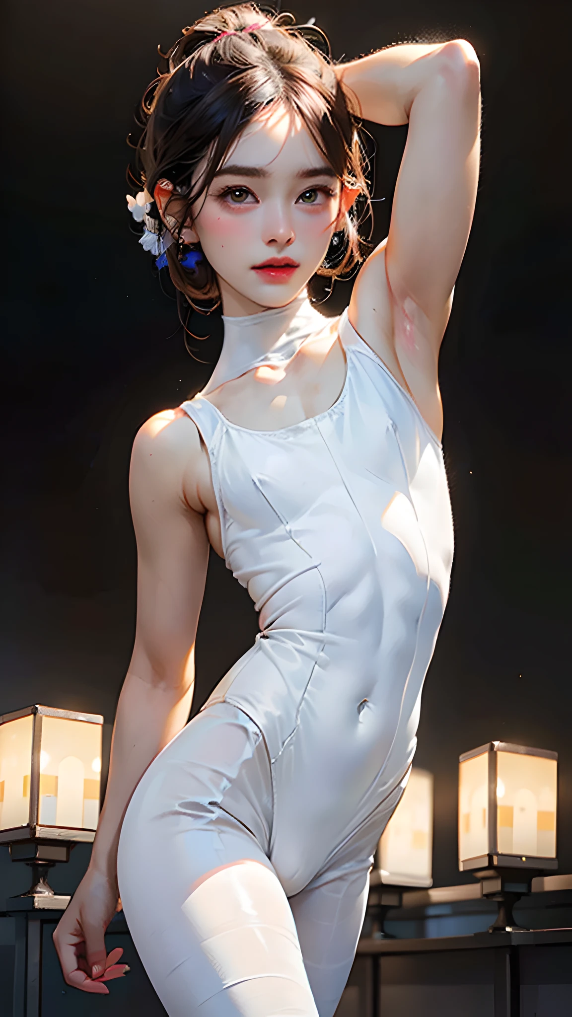 (Excellent photo of a beautiful Japanese Lady),
((highly detailed, best quality)),(photorealistic:1.2),8k,(high resolution),(depth of field:1.2),(character focus),perfect anatomy,(professional lighting),
(1girl),(young),(arm up),
looking at viewer,(walking),
((beautiful detailed eyes)),(narrow face:1.2),thick eyebrows,straight eyebrows,(falling eyebrows), (droopy eyes:1.2),(close-set eyes),large iris,(brown eyes:1.3),
blush,(super detailed skin),(pale skin),
(parted lips:1.1),(full lips:1.2),(glossy lips),(lipstick),
braid,(black medium hair),(pulled back hair),((wide forehead)),
(tall body:1.2),toned legs, toned arms,(slender),(curvy hips),(round hips),
(flat chest:1.35), erect nipples visible through clothes,(muscular:1.2),(skin-tight clothes:1.3),
(white leotard:1.4),(pubic hair),(crotch bulge:1.45)