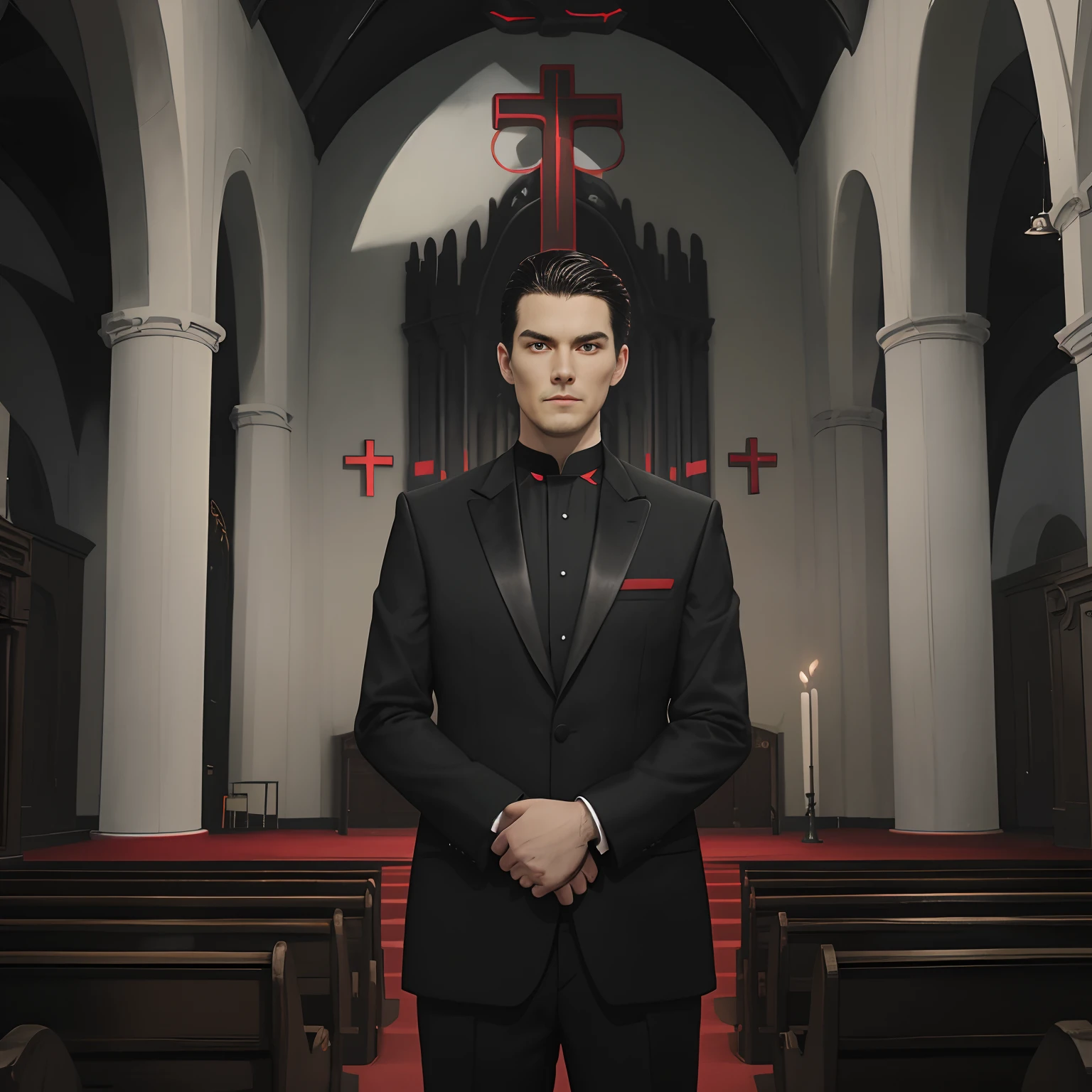 A man in a black and red tuxedo，Hold the pure black cross in both hands and lean against your chest，Eyes slightly closed，Stand in the middle of the picture，Only the upper body is in the picture，The background is a black and red interior of the church，The dead Jesus was crucified in bright red。