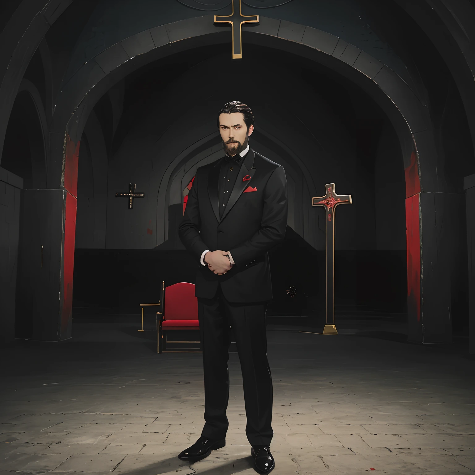 A man in a black and red tuxedo，Hold the pure black cross in both hands and lean against your chest，Eyes slightly closed，Stand in the middle of the picture，Only the upper body is in the picture，The background is a black and red interior of the church，The dead Jesus was crucified in bright red。
