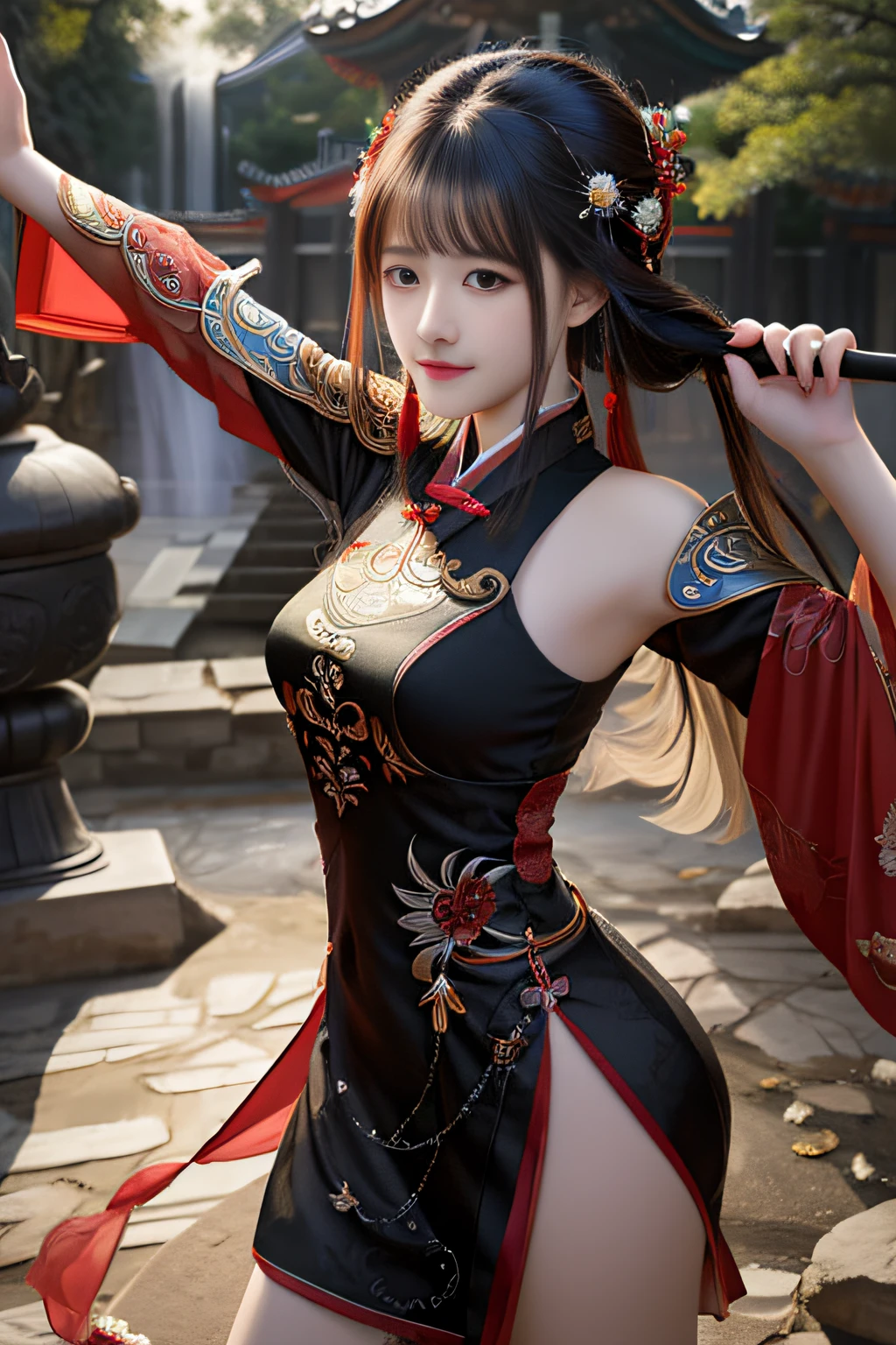 there is a woman in a black and red outfit posing for a picture, by Yang J, chengwei pan on artstation, 8K high quality detailed art, Inspired by Lan Ying, Beautiful character painting, Palace , A girl in Hanfu, By Leng Mei, full-body xianxia, trending on cgstation, author:Chen Lin, inspired by Du Qiong