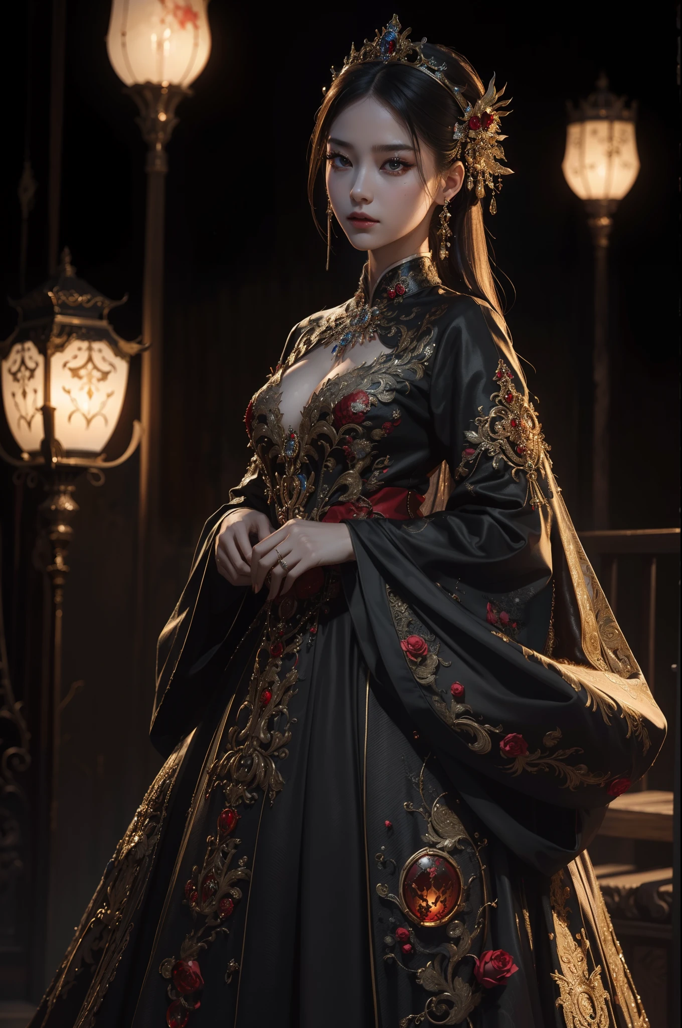 ((top-quality、​masterpiece、photographrealistic:1.4、8K))、Beautuful Women、Beautiful expression、extremely detailed eye and face、beatiful detailed eyes、Princess of the Demon World、（Luxury black dress）、（Fiery red flames flutter、Draw a princess of the demon world standing in a castle shrouded in darkness。She had a calm expression on her face.、Has an atmosphere full of dark forces。）、Cinematic lighting、Textured skin、Super Detail、high detailing、High quality、hight resolution、Full body、europian