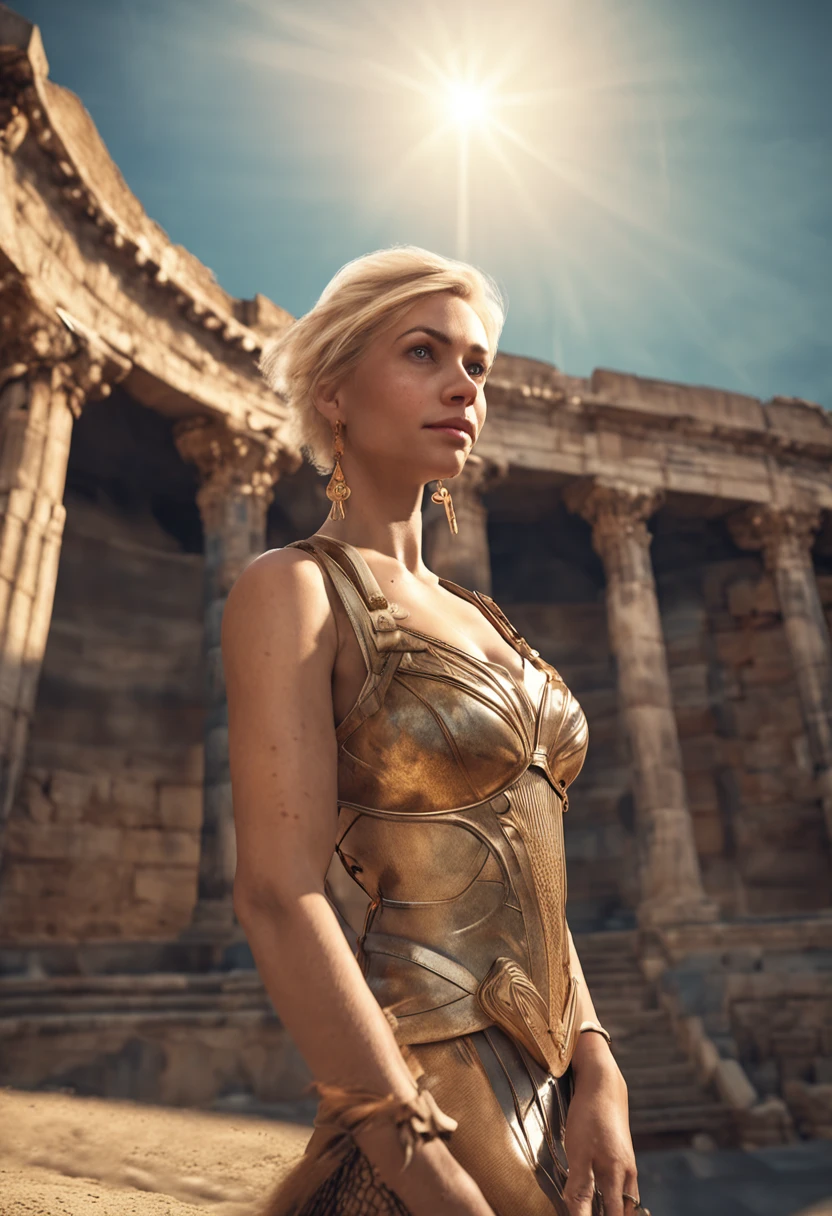 (Best quality, 8k, masterpiece: 1.3), blonde Greek goddesses, Greek clothes, Middle Ages, medium breasts, perky, breasts, nipple pocking, big hips, slim waist, beautiful, glamorous, alluring, shapely, curvy, long legs, high detail, High sharpness, Photos with depth, detailed face, detailed eyes, short hair, big office, charming smile, standing in the ancient Roman colosseum, epic, myth, drama, neckband jewelry, wristband jewelry, open-breasted blouse