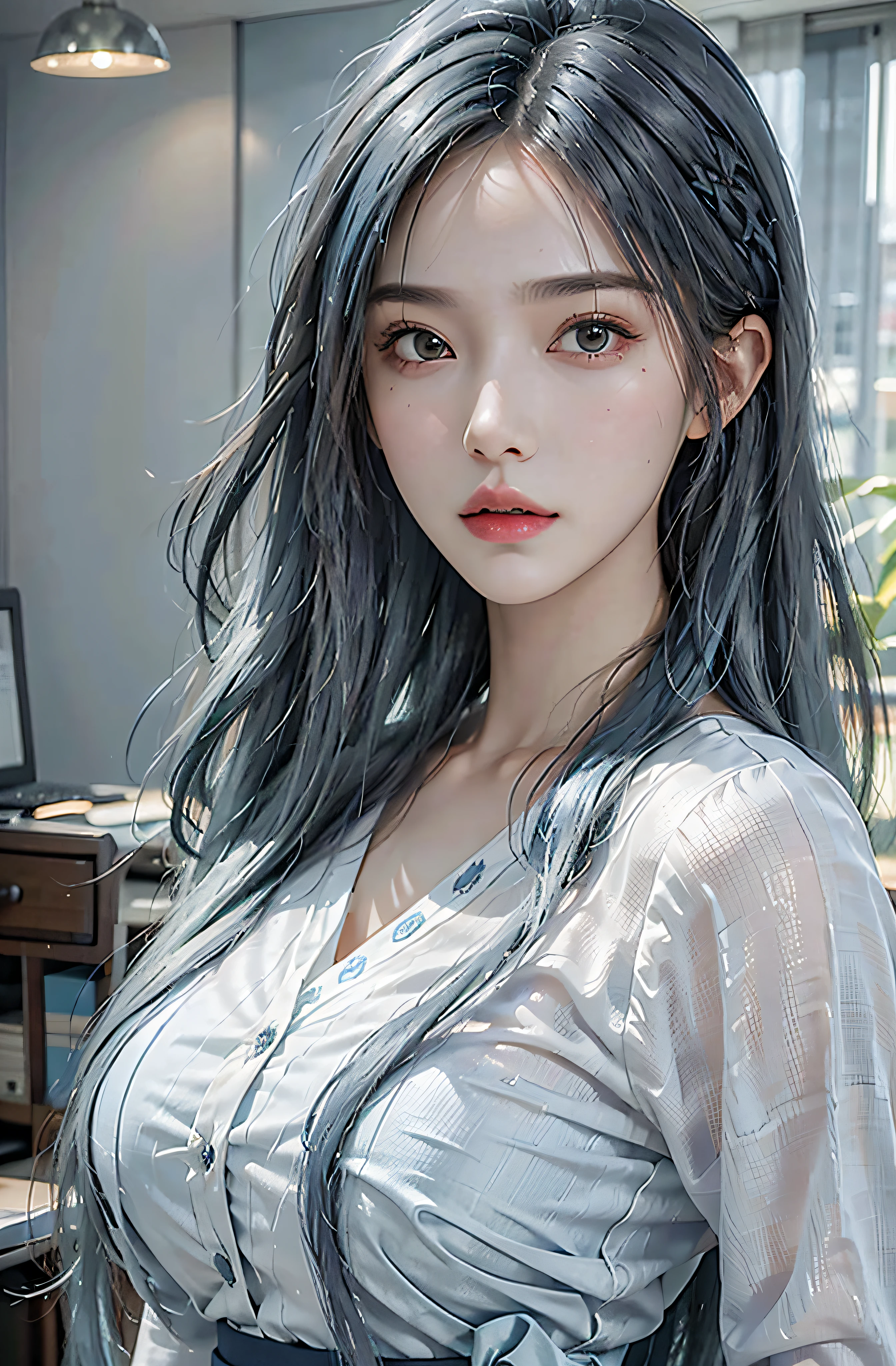 Photorealistic, high resolution, 1 Women, Solo, Hips up, view the viewer, (Detailed face), Blue hair, Long hair, Secretary uniform, Skirt, Lace,((blue long hair))
