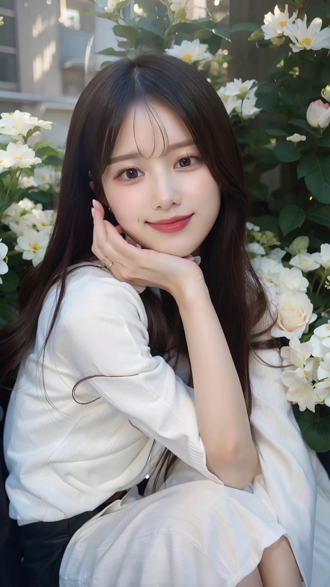 (1 Korean star with royal sister style), ((Best quality, 8K, 巨作: 1.3)), focal point: 1.2, Perfect body proportions: 1.4, (Make a smile), (Sunset: 1.3),  Watery eyes, highly detailed face and skin textures, Fine eyes, Double eyelids, Whitens the skin, (length hair, Air bangs: 1.3), (Round face inches: 1.5), (off the shoulder dress: 1.4), In the countryside，sitted