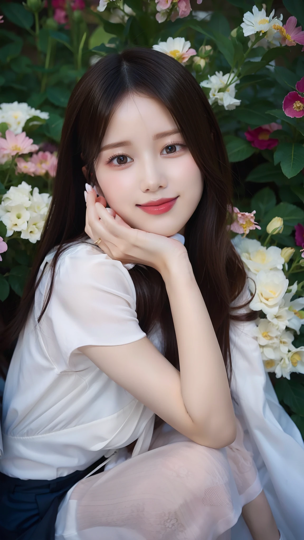 In front of the flowers