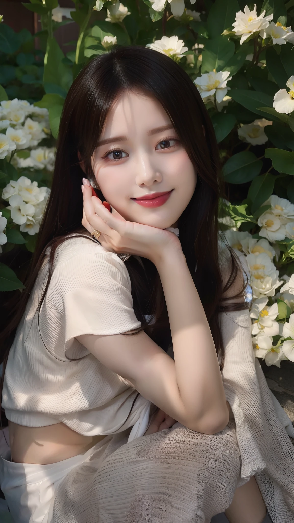 In front of the flowers