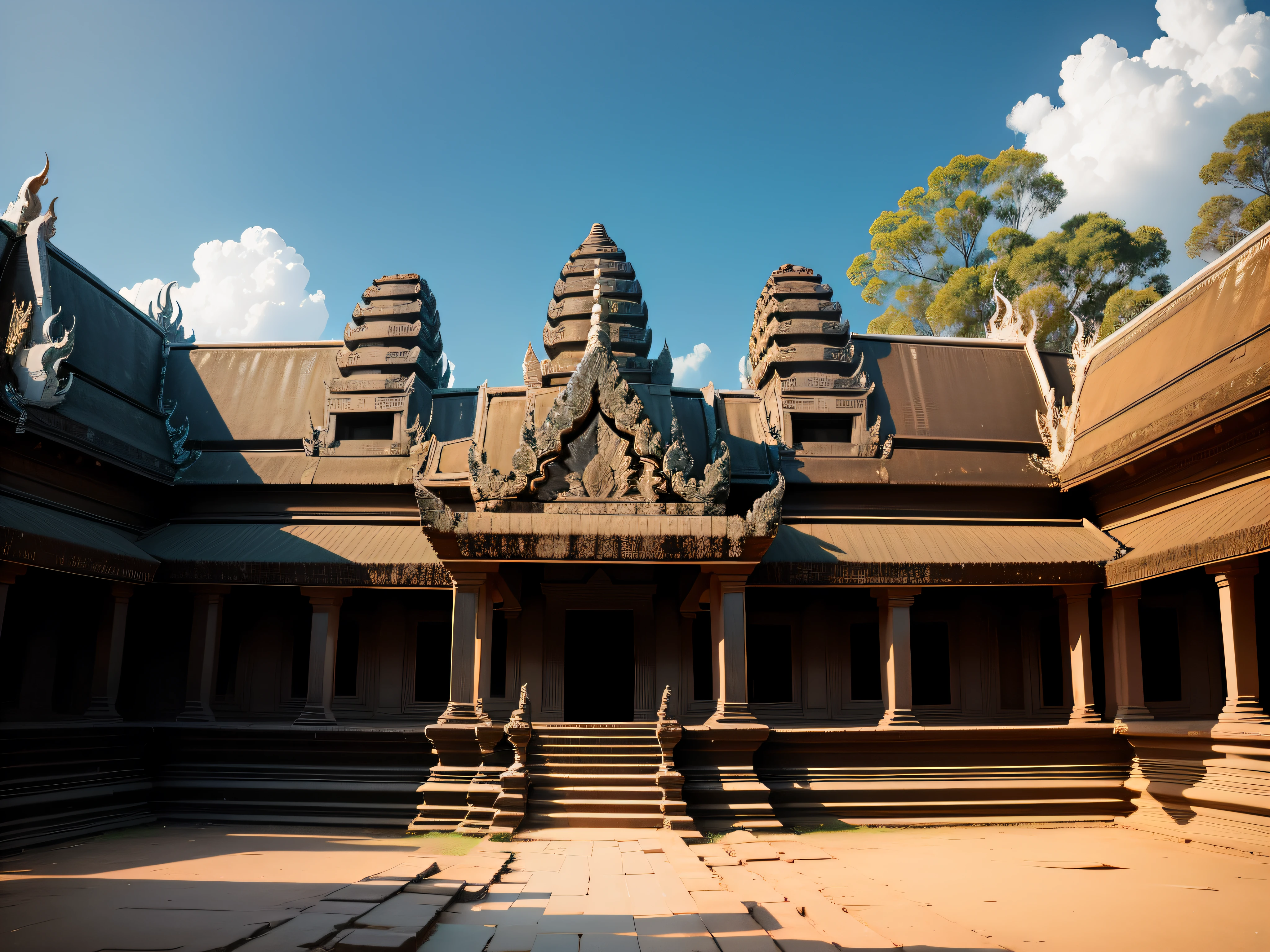 An ancient Thai palace that looks old., Surrounded by the old palace,Located in the middle of the desert......, sandstorm, The atmosphere is barren.......,strong sunlight