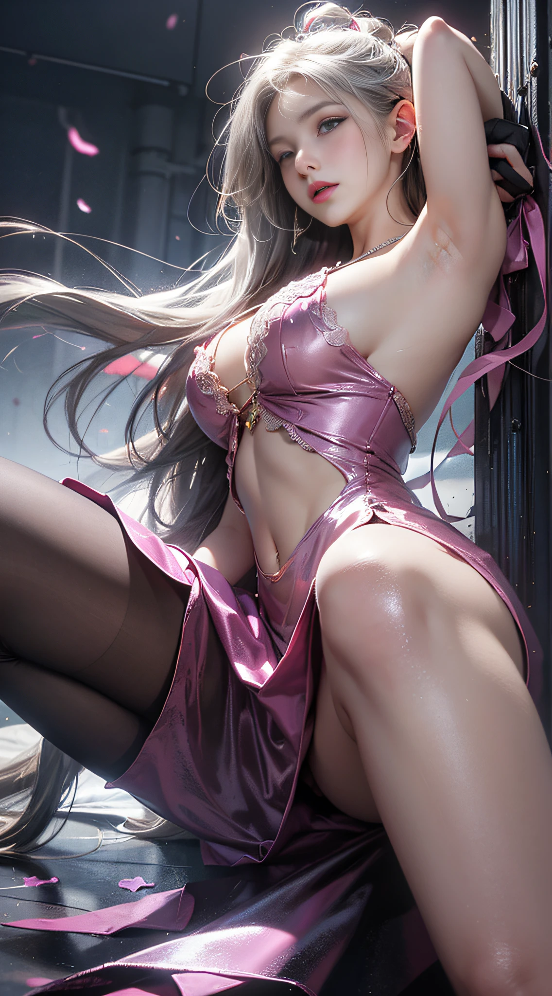 ((best qualtiy)),((SuperiorQuality, 8K, tmasterpiece: 1.5)), Pubic area is clear: 1.2, Perfect body beauty: 1.4, Large of breast, Silvery hair, Pink lace dress，wetted skin, the areola is visible, ssmile，Sleeping on the Bed，legs are open，Open your legs，legs separated，knee bend，Film texture，Shooting angle，From below，
