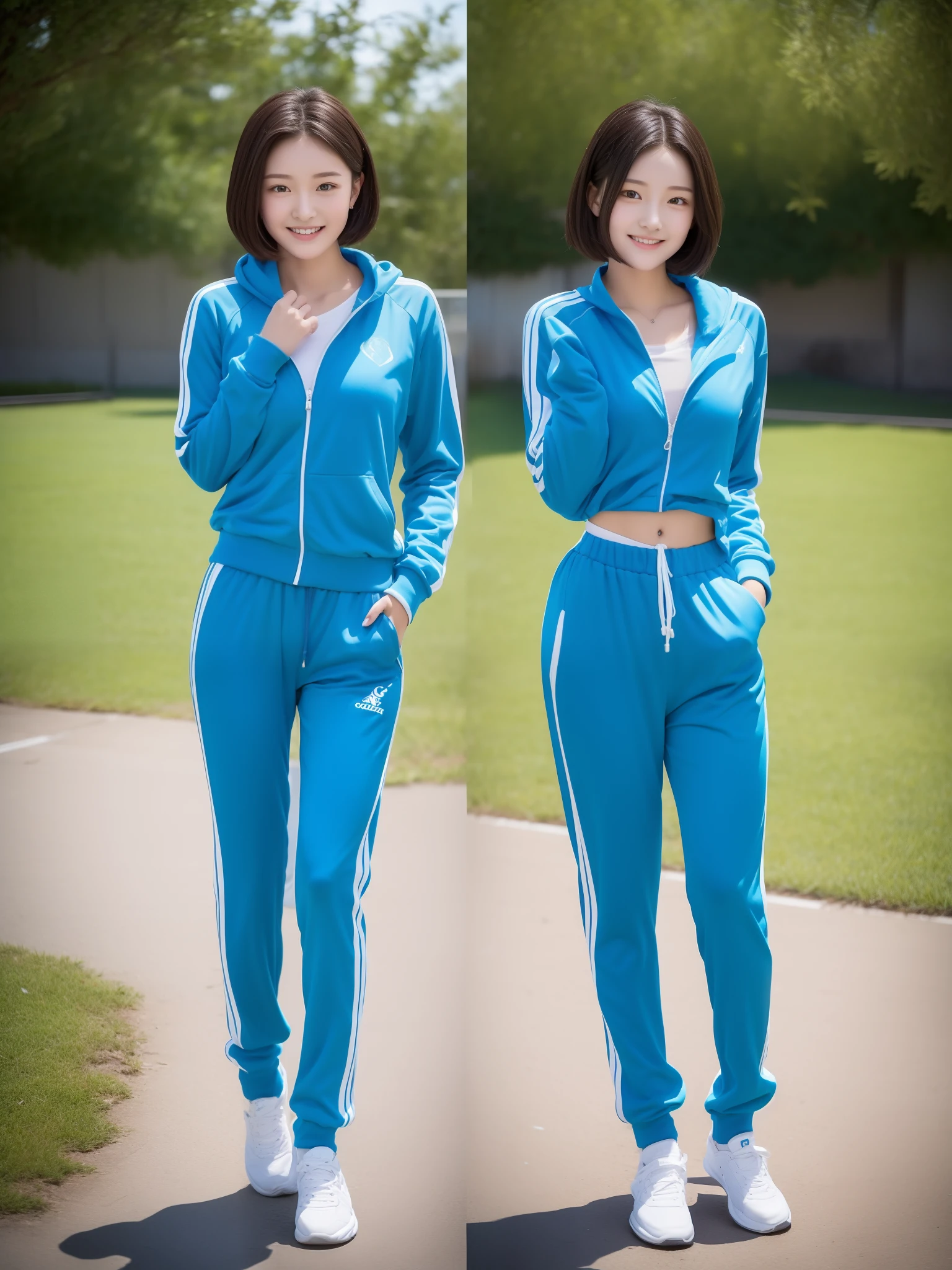 1 very beautiful female high school student，Wear blue and white tracksuits，Play volleyball on the school playground，Super high value，perfect body figure，Beautiful ultra-short hair，Delicate hair，Fair face and skin，There are beads of sweat hanging down，Have fun on the playground，Breasts are full and huge:1.5，Chest hyperexcion，（The tracksuit on the chest is high and bulging, Tightness and bulging:1.5），Delicate fair and soft toes，White delicate fingers，fully body photo
