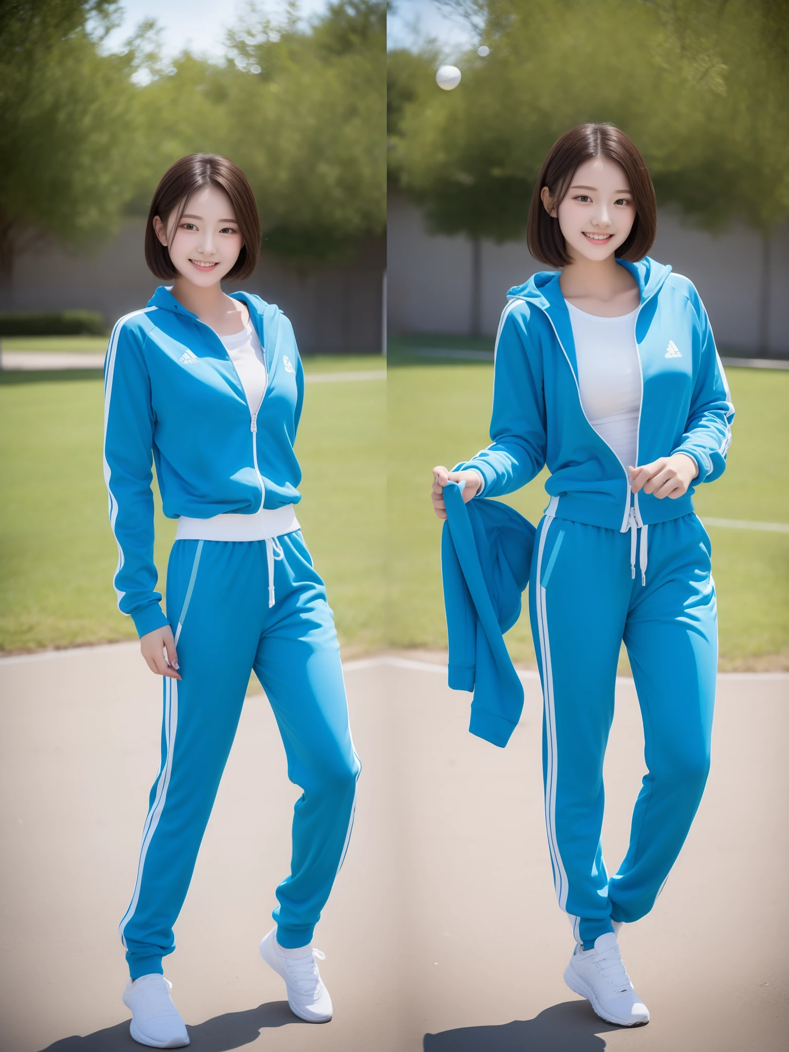 1 very beautiful female high school student，Wear blue and white tracksuits，Play volleyball on the school playground，Super high value，perfect body figure，Beautiful ultra-short hair，Delicate hair，Fair face and skin，There are beads of sweat hanging down，Have fun on the playground，Breasts are full and huge:1.5，Chest hyperexcion，（The tracksuit on the chest is high and bulging, Tightness and bulging:1.5），Delicate fair and soft toes，White delicate fingers，fully body photo