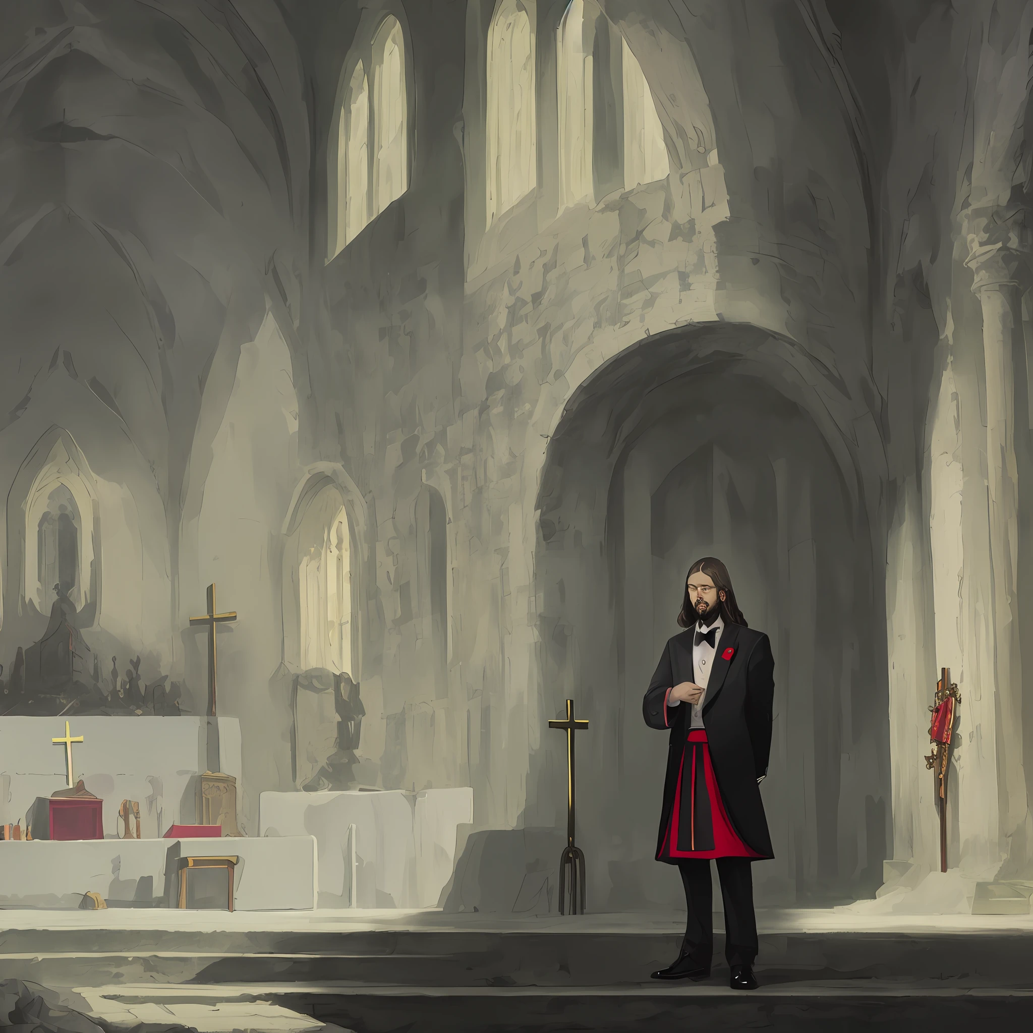 Wearing a black and red tuxedo,Holding a pure black cross,Eyes slightly closed,The background is a black and red church interior,A dead Jesus was crucified on the wall。