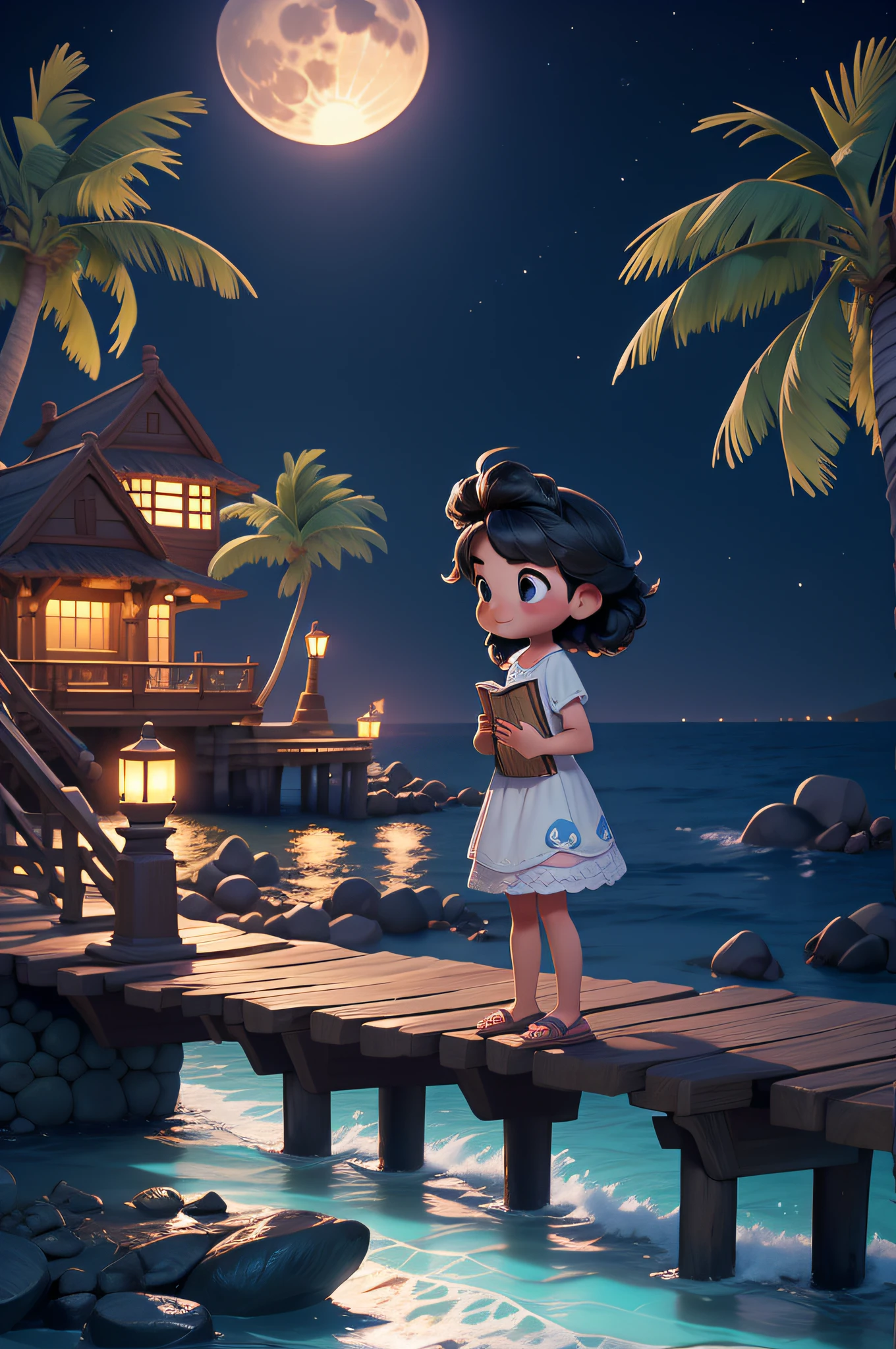 tmasterpiece, best qualityer, 1 girl, Read a book on a stone pier by the sea，the night，Big full moon in background，There are a few cute rabbits around，coconut palms，pixar-style，Disney  style，