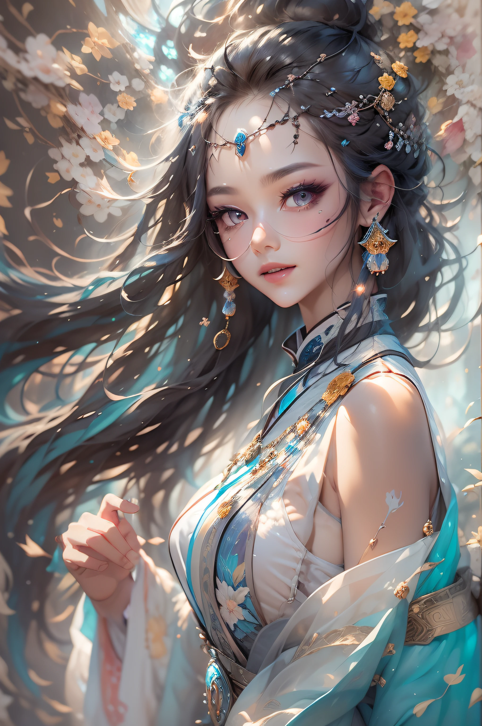 Anime girl long hair and blue dress,There are flowers on the hair, Guviz-style artwork, Beautiful character painting, Extremely detailed Artgerm, Palace , A girl in Hanfu, Guviz, Beautiful digital artwork, Ross Tran 8 K, Guweiz in Pixiv ArtStation, wlop rossdraws, by Yang J