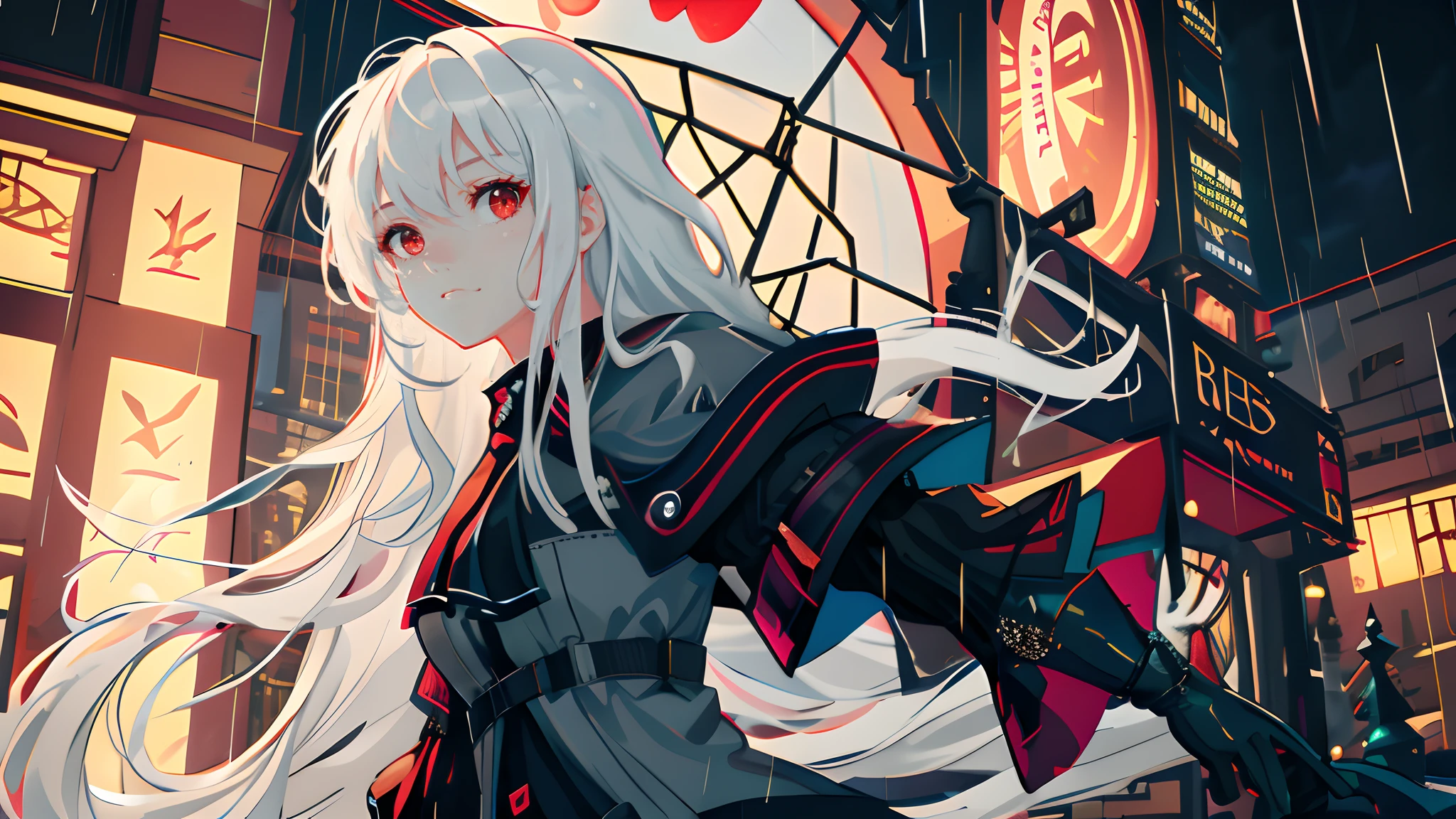 masterpiece, best quality, extremely detailed, cinematic lightning, intricate detail, highres, official art, finely detailed beautiful face and eyes, high resolution illustration, 8k, depth of field, bokeh, solo, 1girl, a girl with white hair and red eyes, long white hair, beautiful red eyes, beautiful landscape, rainy city, upper body, looking at viewer, close up