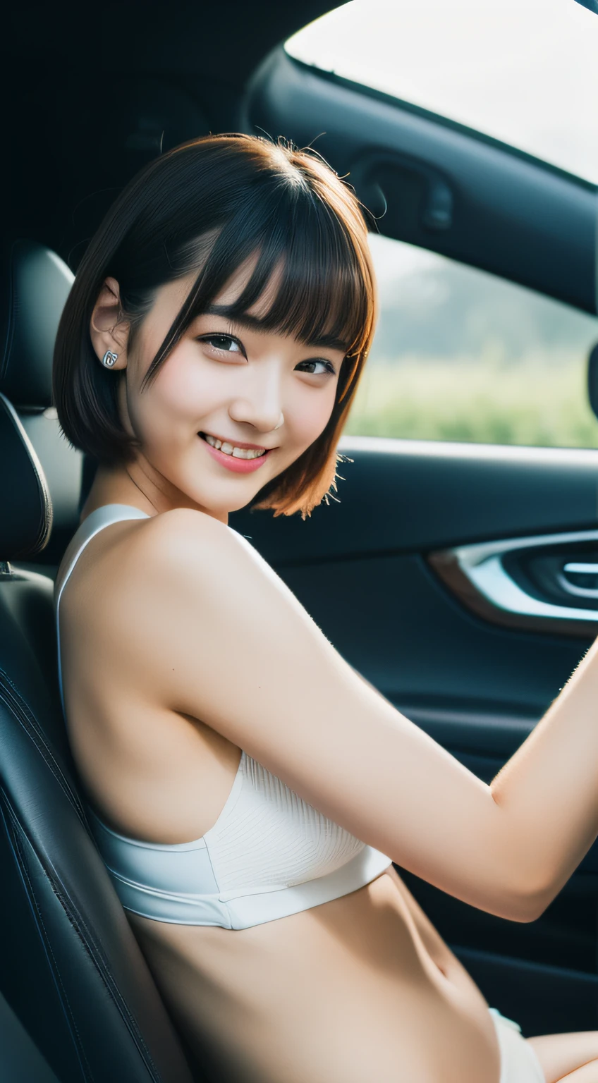 In the car、sexy pose、a smile、short-hair、One lady、The bikini、(masterpiece、top-quality)、crisp image、kawaii、a picture、((20 year old woman:1.2))、Young adorable Japan face、dewy skin、8K