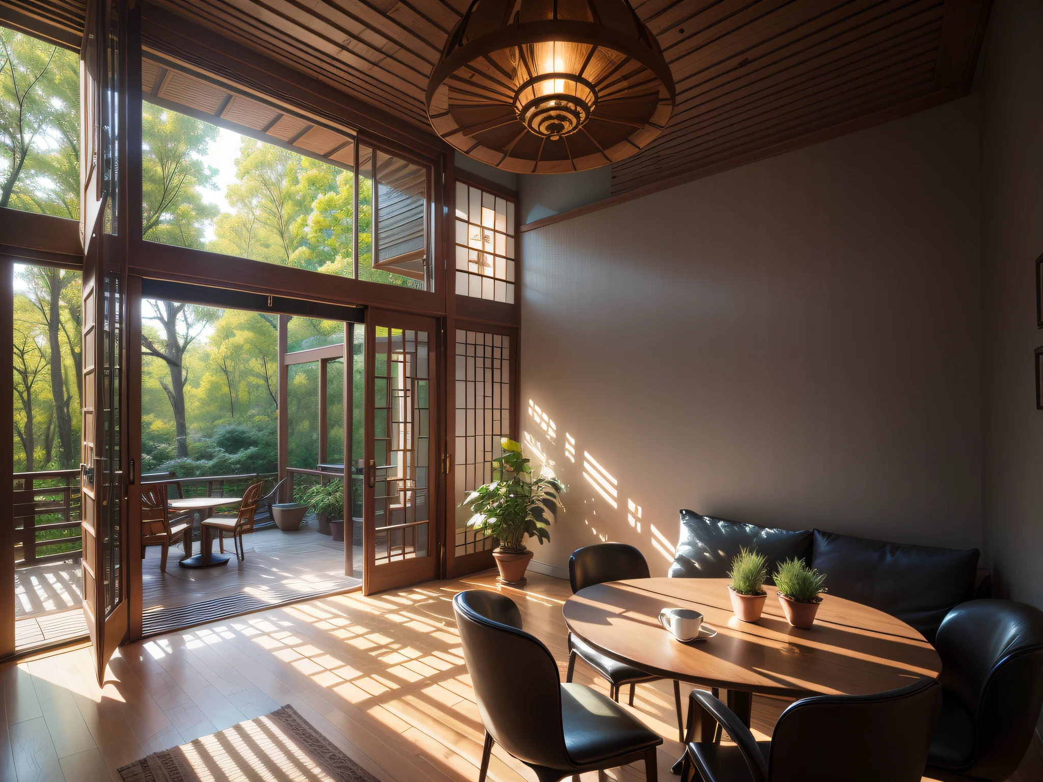 Interior design,insanely detailed wide angle architecture photography, cozy contemporary living room,(bright warm sunlight 1:0.1), award-winning contemporary interior design, scenery, table, chair, indoors, wooden floor, window, restaurant, east asian architecture, sliding doors, lamp, architecture, forest, nature, cup, plant,INTERIOR DESIGN,intersting lights and shadows, Depth of Field,low light, ,