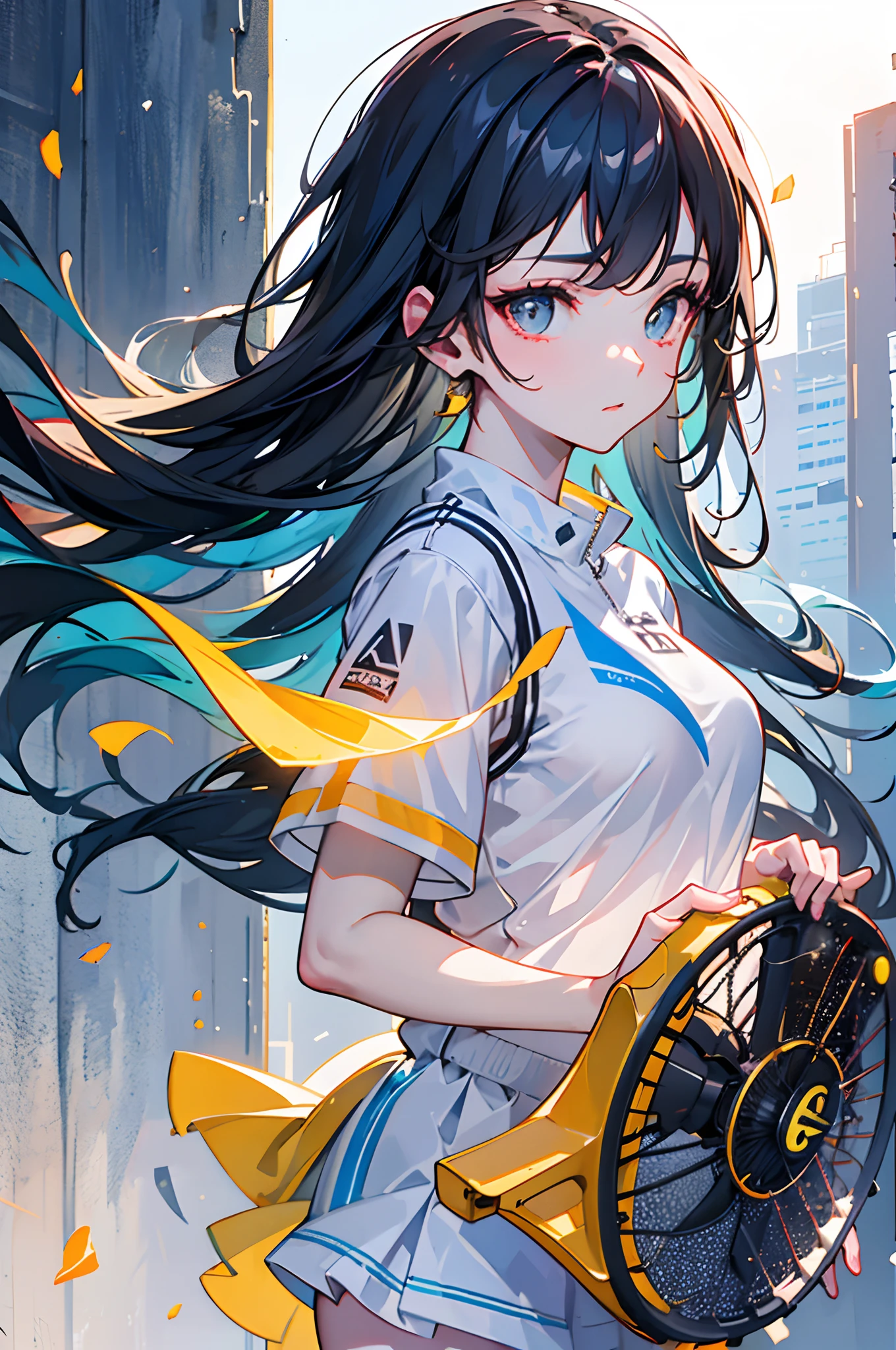 1girll,Long gray hair,The girl is a tennis player,Wear tennis wear, Tennis rackets, ((Details:1.4)), (HighDynamicRange)、Ray traching、NVIDIA RTX、Hyper-Resolution、Unreal 5、Sub-surface scattering、PBR Texturing、Postprocess、Anisotropy Filtering、depth of fields、Maximum clarity and sharpness、multi-layer texture、Albedo and specular maps、Surface Shading、Accurate simulation of light-material interactions、octan render、Two-tone lighting、Low ISO、 White Balance, thirds rule, Large aperture, 8K Raw, Efficient Subpixel, sub-pixel convolution, (Luminescent particles:1.4), {{masterpiece, Top image quality, Ultra High Definition CG, Unity 8k Wallpapers, 。.。.3D, cinematlic lighting, lensflare}},{{masterpiece、top-quality、extremely details CG、Cinematographic lighting、lensflare}}、