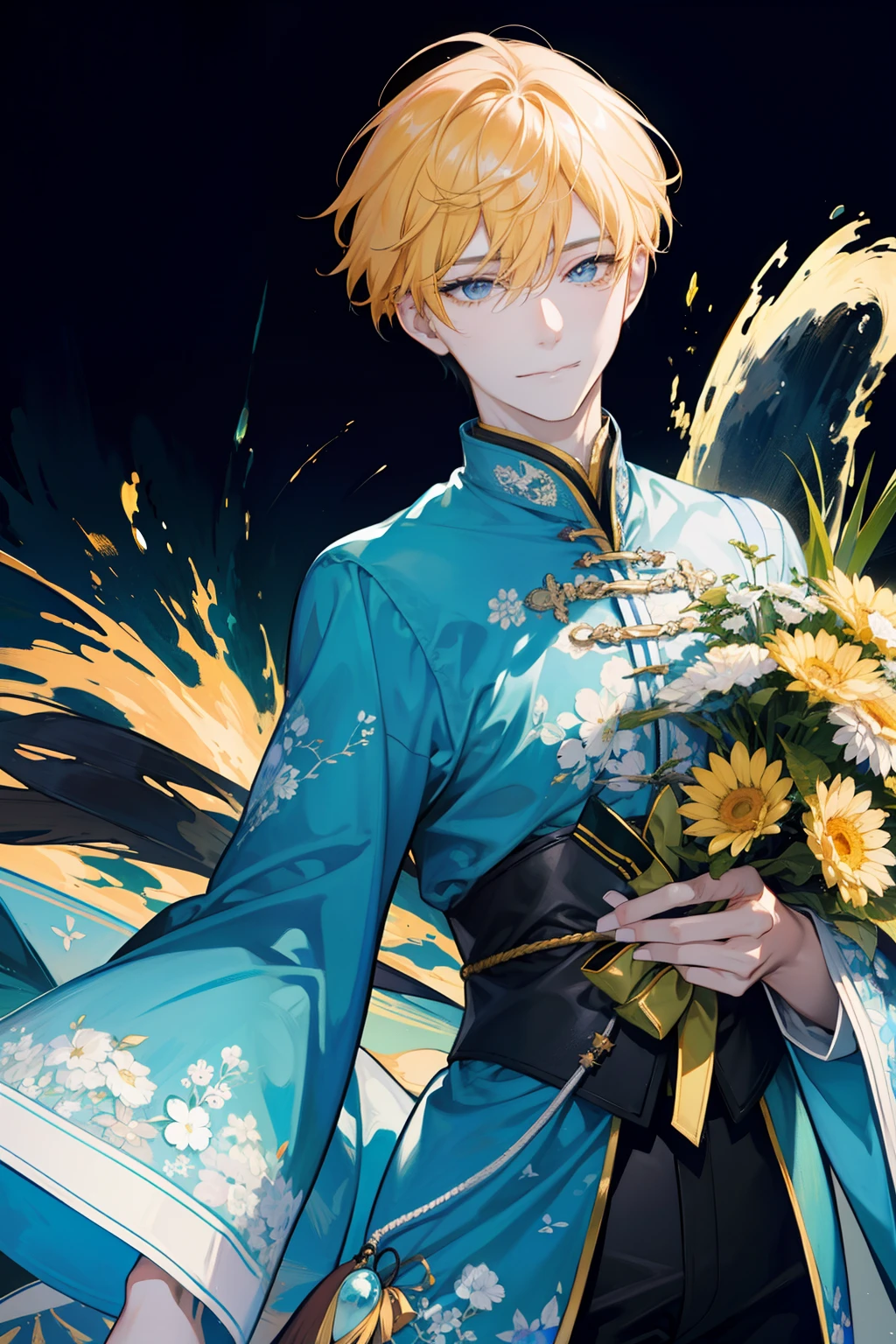 (hoang lap,A high resolution,ultra - detailed),1male people,shoun,handsome,,a broad shouldered,finely quality eyes,Yellow hair,best ratio four finger and one thumb,ssmile,(Dutch angle),Keep one's mouth shut,White color blouse,