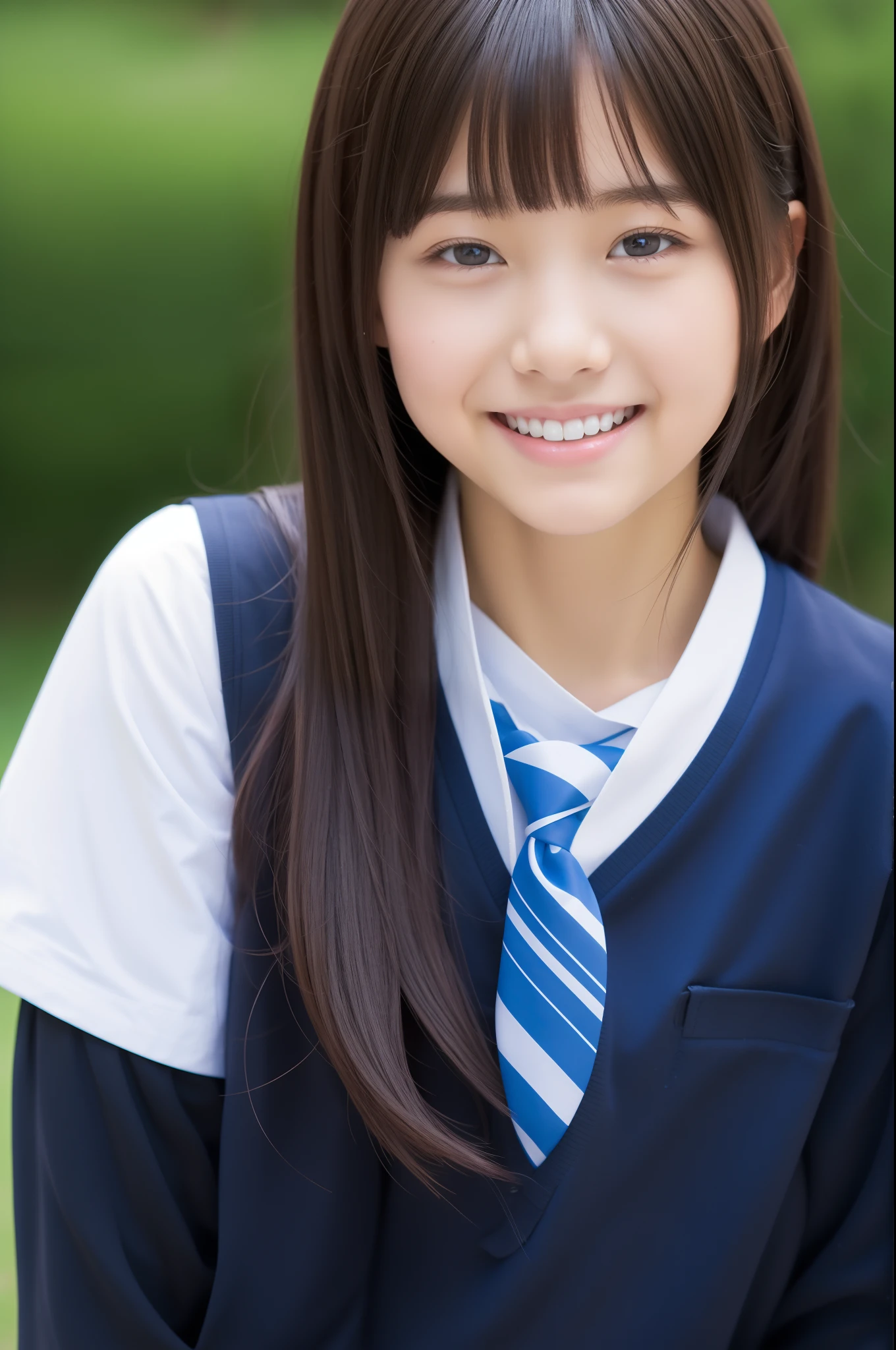 Pure Japanese school girl, wearing uniforms and blouse and skirt, natural makeup, natural hair styles, sweet smile, sexual attractive, sitting and relaxing in morning park, lift up skirt, professional portrait photography, dazzling summer sunlight, 