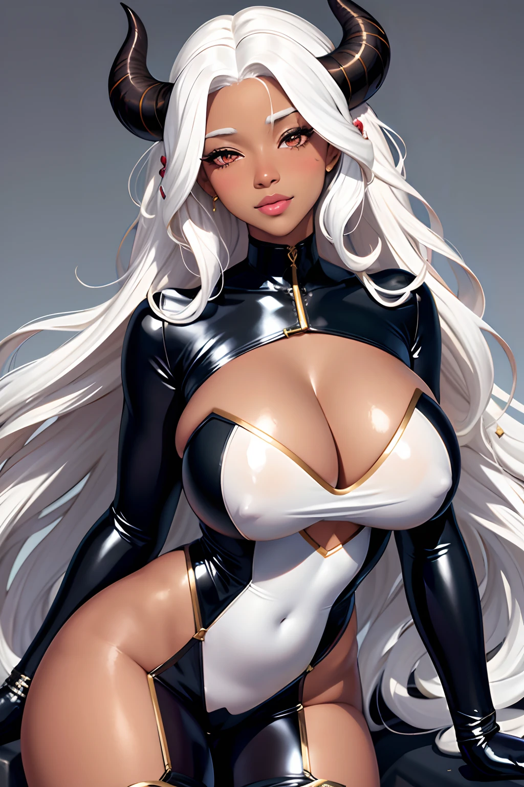 (best quality:1.1), (masterpiece:1.4), (absurdres:1.0), portrait, 1girl, (voluminous hair)+ , ((curly hair))++, long hair, ((dark skin))++, (((white hair))), (gold eyes), long hair, large breasts, (blush:1.2), smile, (big lips)+, (juicy lips)+, (blush), vibrant colors, eyeliner, lipgloss, blush, sidelocks, (black horns), shiny skin, latex bodysuit, cleavage, thick thighs, magic, hex, witch,