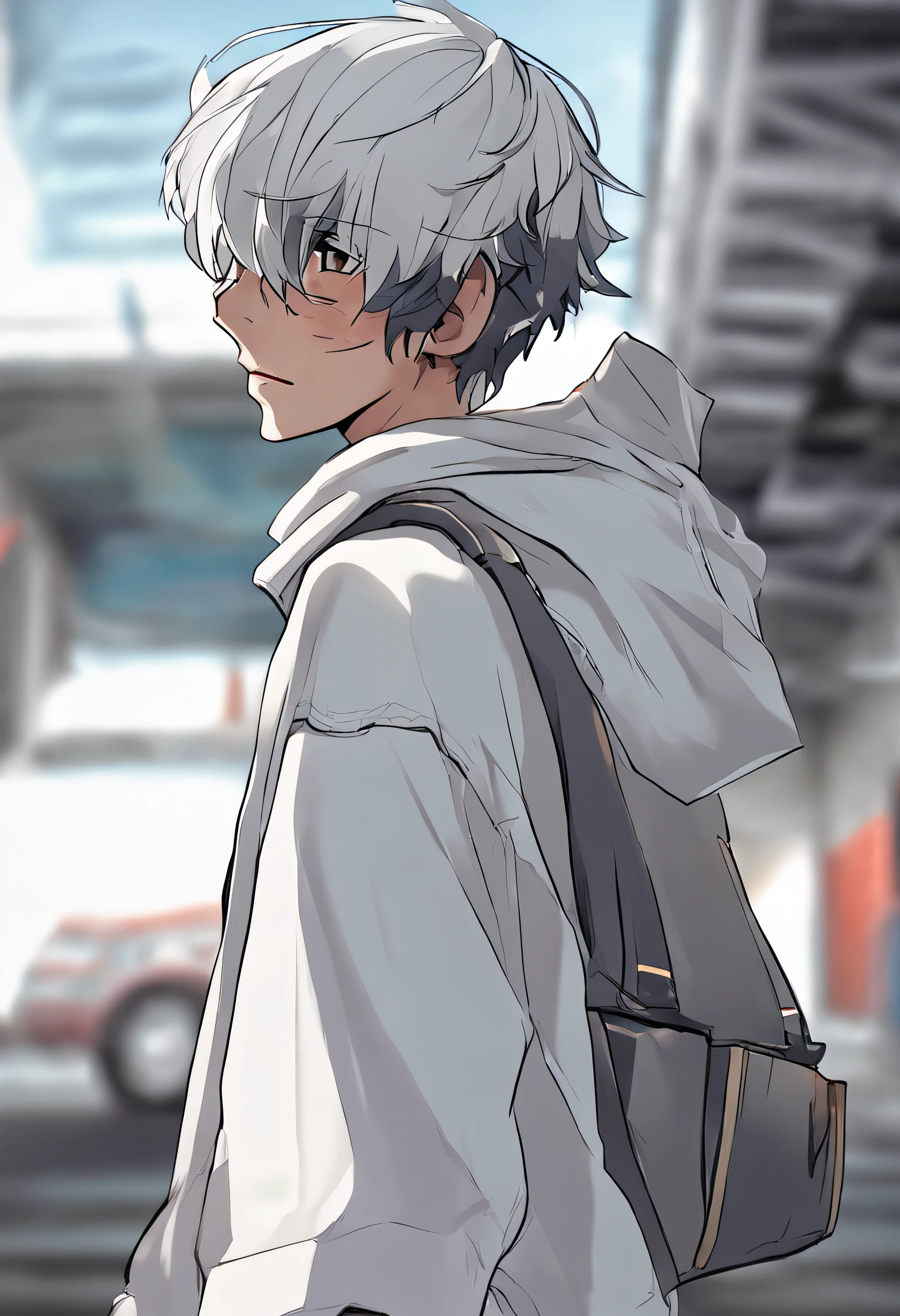 Gray-haired Japanese anime youth, VR glasses, Carrying a lightsaber on his back, White hoodie, White shorts, No tattoos, no beard