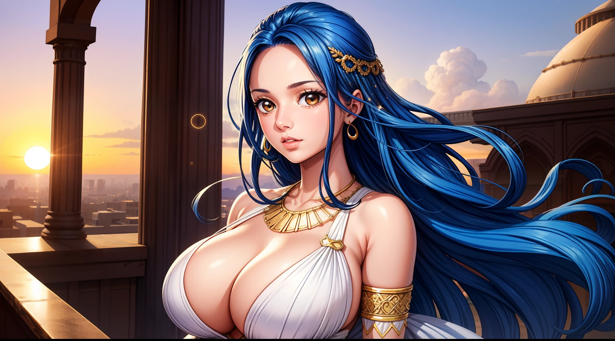 focused upper body, big bust, realistic, 1girl, blue hair and sparkling brown eyes, parted lips, sunset, at dessert, sunlight, (wearing white arabian dresst)