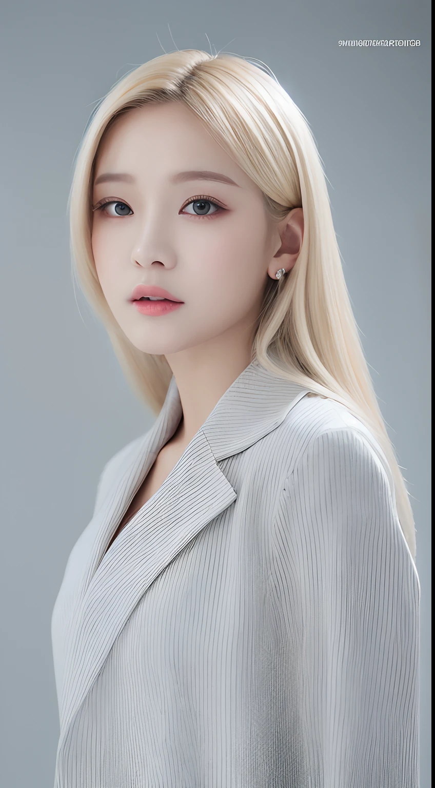 ((Realistic lighting、top-quality、8K、masterpiece:1.3))、Clear focus:1.2、1girl in、flawless beauty:1.4、slim((blonde hair))、Neat and clean clothing、One-piece clothes、Superfine Face、Narrow-eyed、二重まぶた、lighting like a movie、photos realistic、28 year old、Straight hair、Face like a K-pop idol、white backgrounid、Gray background、Mature Woman、Classy makeup、Light hair color Blonde、Angle of pull、