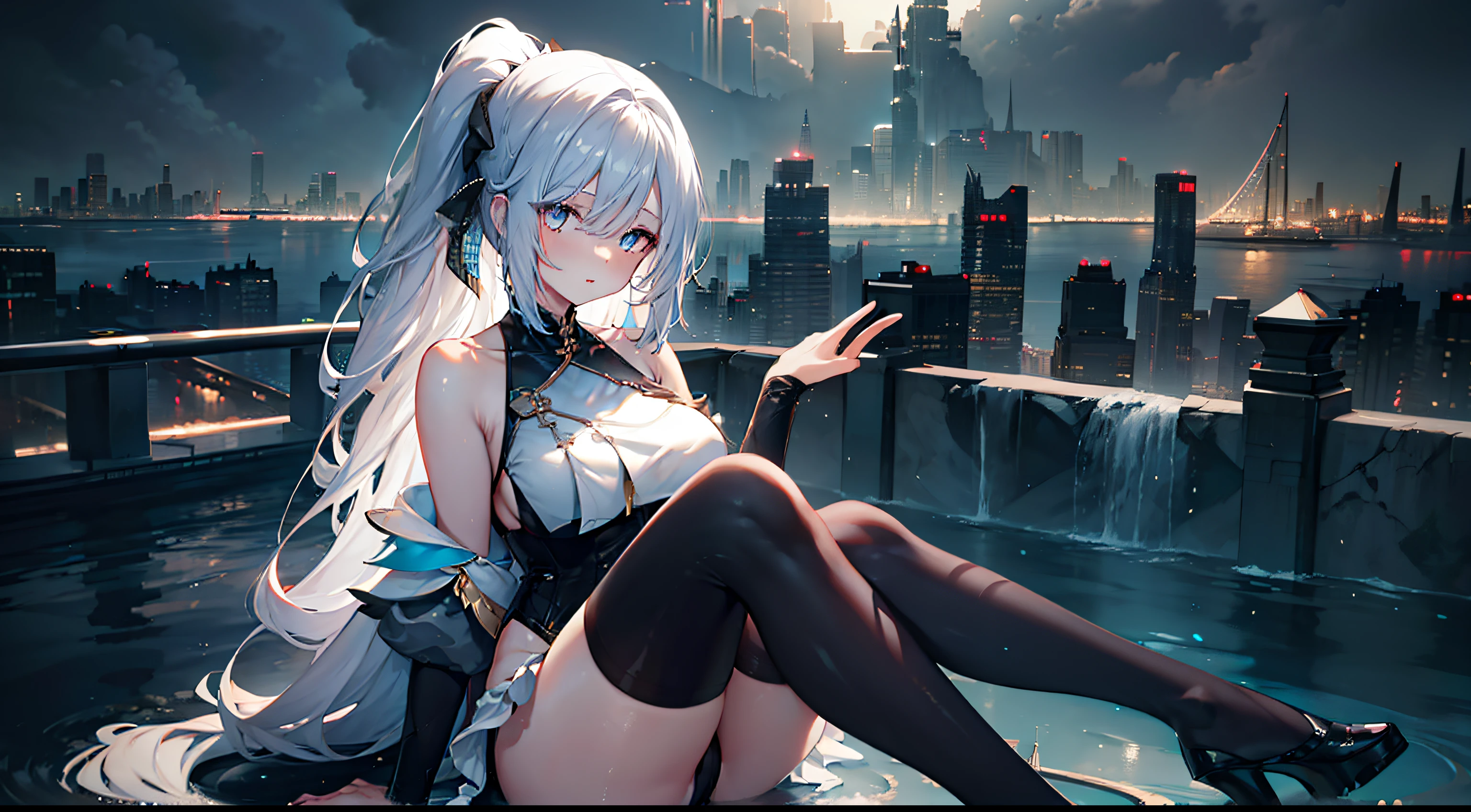 heavy rain，Gorgeous high heels，Under water，grabbing the breasts，Official fine art，tmasterpiece，Sharp focus，High ponytail，Delicate and beautiful eyes and face，realisticlying，ultra - detailed，a beauty girl，blue-sky，Glowing white particles,(side-lighting:1.2),scenecy,Long straight hair, sexy facial expression, buliding, (Cityscape:1.7), Dynamic hair, , Long black socks, paleskin, hair adornments, epic landscapes,deep in the night，Masterpiece, Best quality,Bare shoulders, white thighhighs, Hair ribbon, Large breasts,