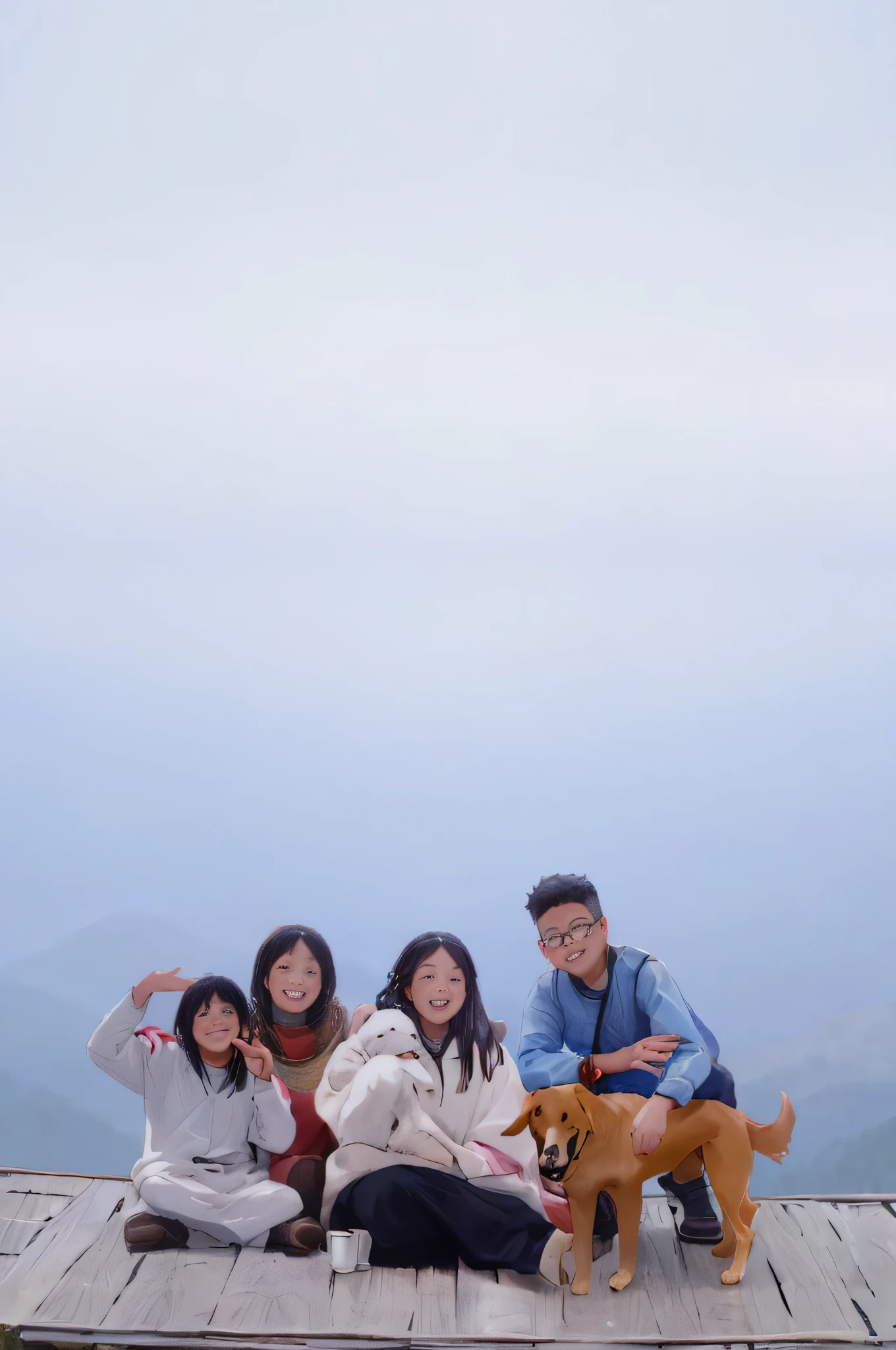 there are three people and a dog sitting on a wooden platform, on a mountain, in mountains, shot on canon eos r5, shot on canon eos r 5, taken with canon eos 5 d mark iv, captured on canon eos r 6, on the mountain, happy family, photo taken with canon 5d, taken with canon 8 0 d
