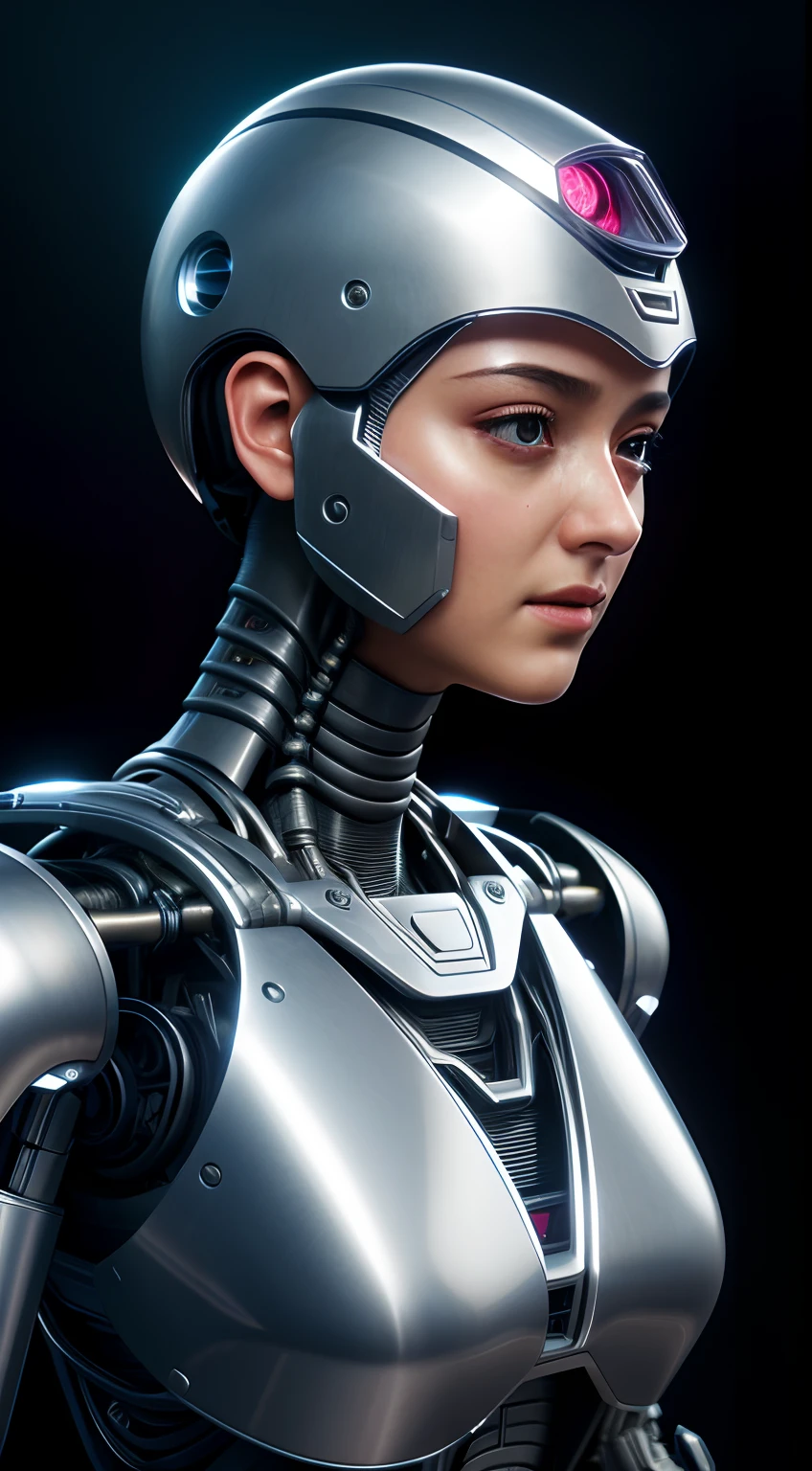 Looks like Maisie Anushka Shetty, Intricate 3d rendering of highly detailed beautiful ceramic silhouette female robot face, robot, robot part, 150 mm, beautiful studio soft light, rim light, vibrant details, luxurious cyberpunk, lace, surreal, anatomy, facial muscles, cables wires, microchip, elegant, beautiful background, octane rendering, HR Giger style, 8k, best quality, masterpiece, illustration, very delicate and beautiful, very detailed, CG, unity, wallpaper , (fidelity, fidelity: 1.37), amazing, fine detail, masterpiece, best quality, official art, very detailed cg unity 8k wallpaper, absurd, unbelievably absurd, robot, silver helmet, full body, sitting write