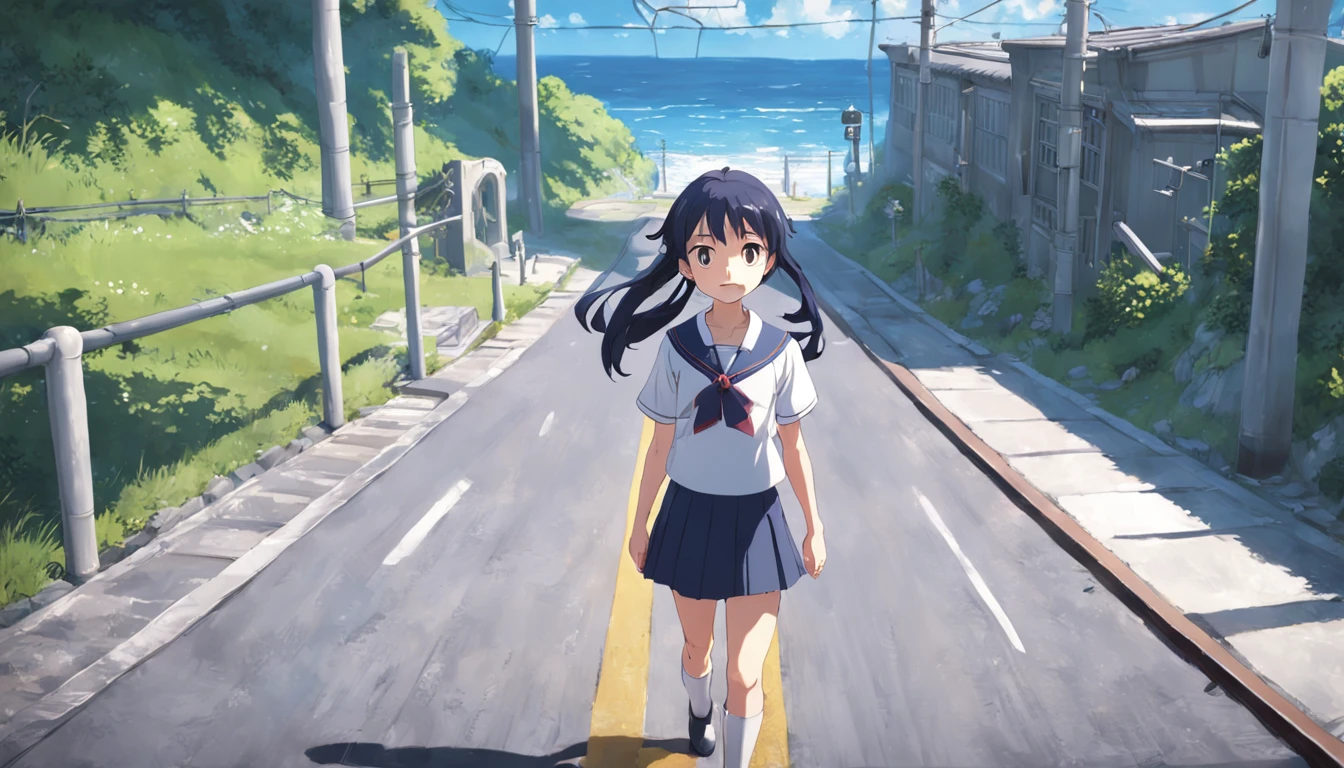 Octane Render、(Hyper-detailing: 1.15)、(Soft light、sharp: 1.2)、morning、Elementary school girl with school bag walking on a road parallel to the railroad tracks、Raising the right hand、Vigorous、You can see the sea in the background, I see the train、( hair adornments、Floral hair ornament)、 masutepiece, Anatomically correct、A smile, radiant light、Shinkai Makoto style