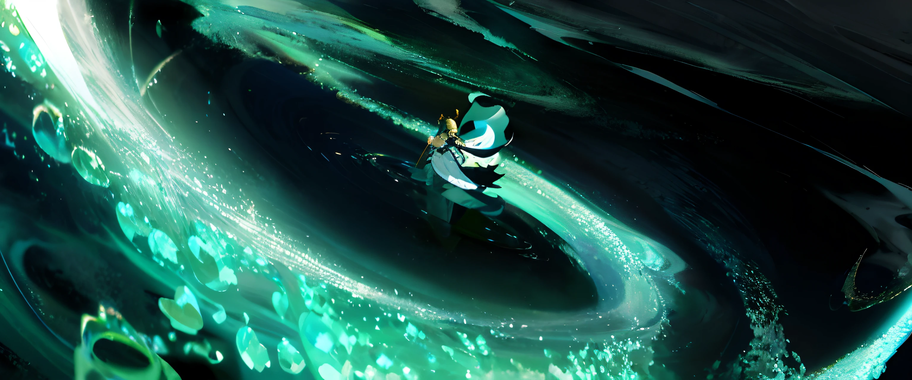 Anime scene of a man riding a jet through a whirlpool of water, anime big breast《kingpin》Albedo in , flowing white robe, Albedo from Overlord, Today's featured anime stills, standing in a maelstrom, concept art magical highlight, epic 8 k hd anime shot, twisted turn of fate abstraction, advanced digital anime art ”