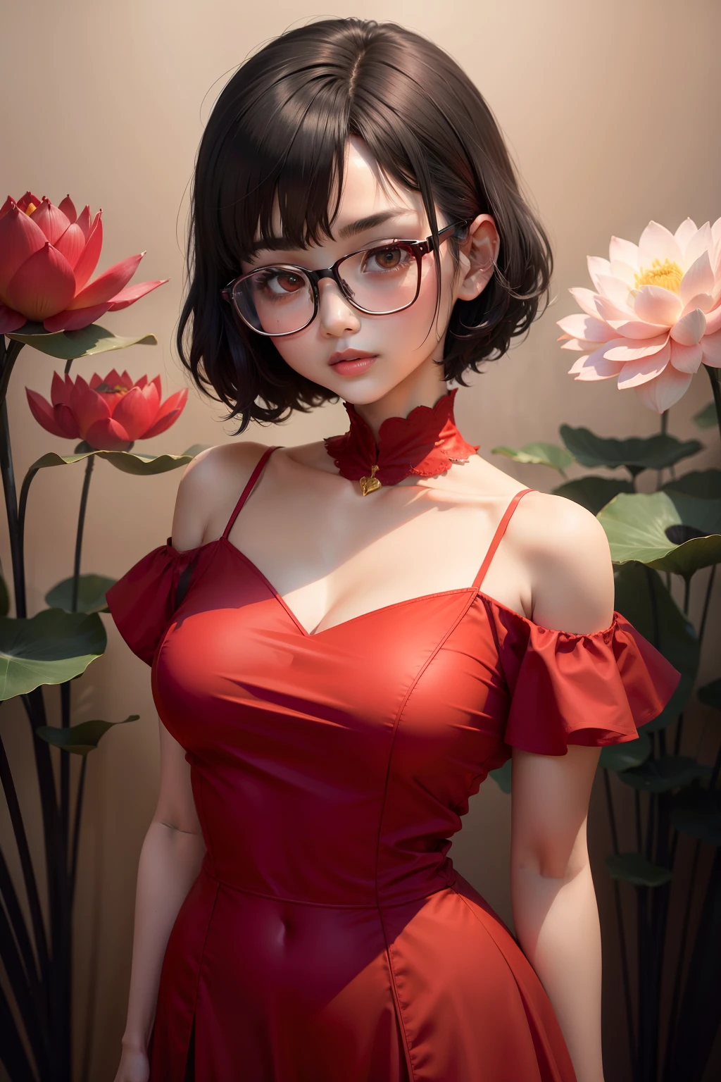 One with large-rimmed glasses,in a red dress,Kizi,adolable,Than scissorhands,Behind it is a lotus flower,Arms exposed,distinct clavicle,with short black hair。